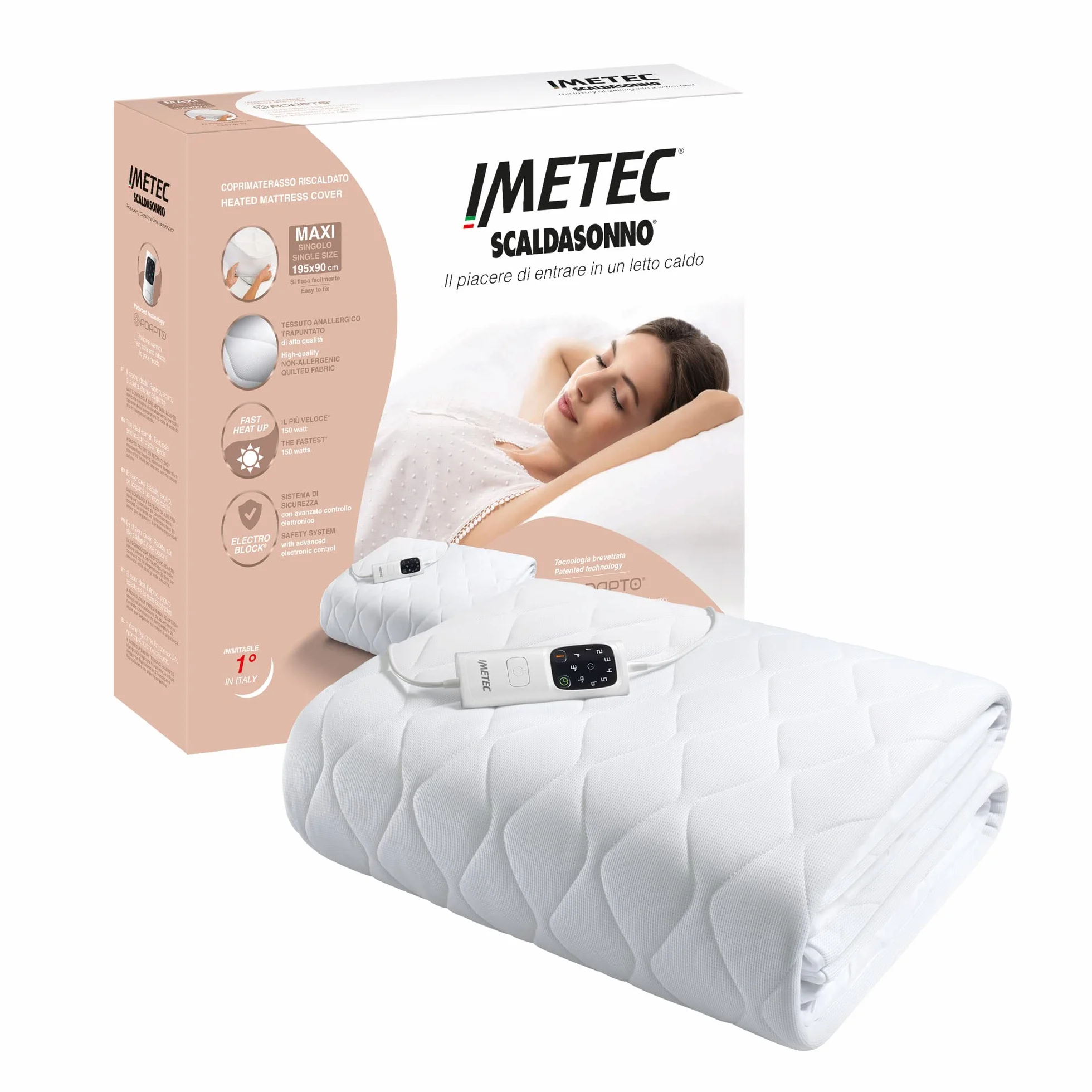 Imetec - Cubrecolchón Scaldasonno Adapto Maxi individual, 195 x 90 cm, calentamiento rápido, temperatura constante y personalizada, tejido hipoalergénico acolchado, mando con 6 temperaturas
