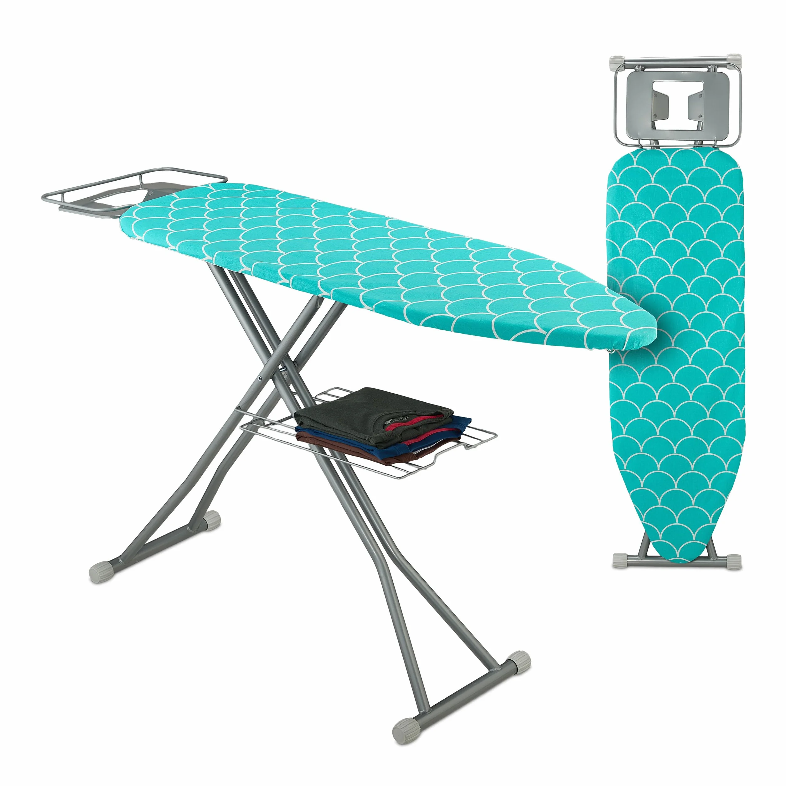 Relaxdays Tabla de Planchar para Plancha de Vapor, 122x39,5 cm, Regulable en Altura, Plegable, Estante, Turquesa/Plata