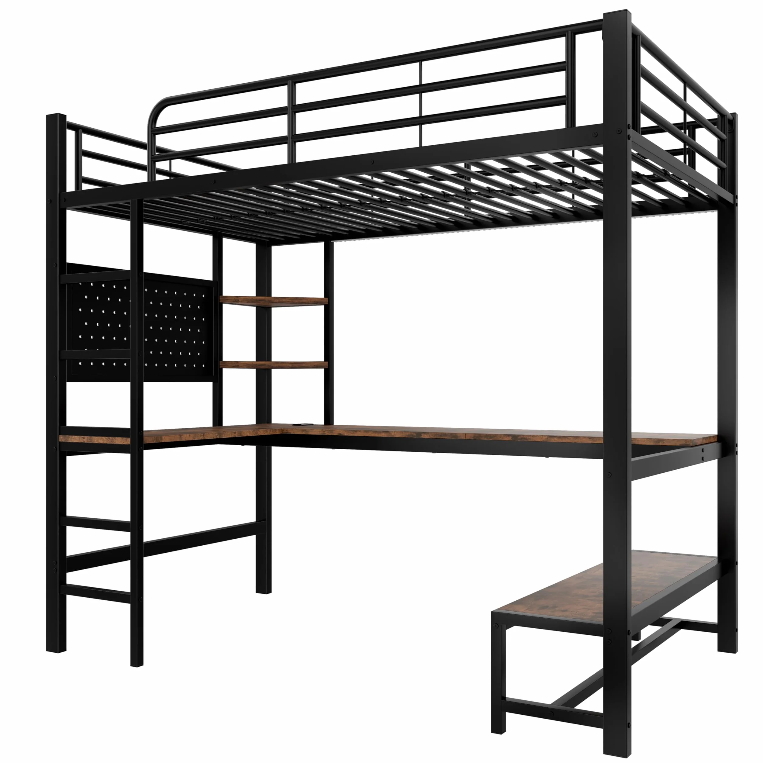 Moimhear Cama alta, marco de hierro, escritorio, barandilla, escalera de tijera, varios estantes, con USB+Type-c, con barra LED, con tabla perforada, sin colchón (negro, 90 x 200 cm)