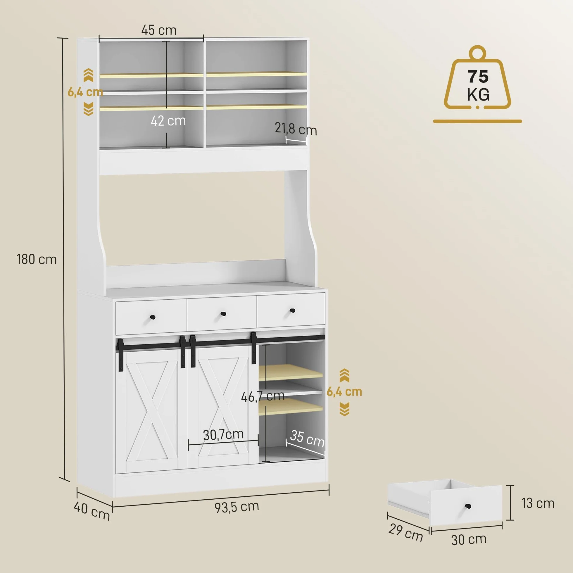 HOMCOM Alacena de Cocina Mueble Auxiliar con Encimera para Microondas, 2 Puertas Corredizas y 3 Cajones, Estantes Regulables, Estilo Granja, 93,5x40x180 cm Blanco