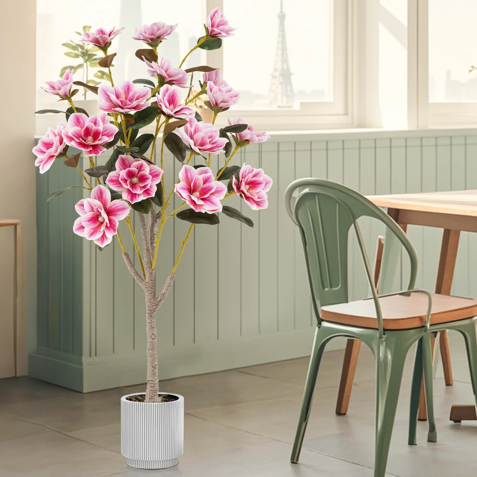 GIANTEX Árbol de Magnolia Artificial 130 cm, Planta Falsa en Maceta con Troncos de Múltiples Ramas y Hojas de PEVA, Flores Sintéticos Rosas, Planta Decorativa para Entrada, Salón, Oficina