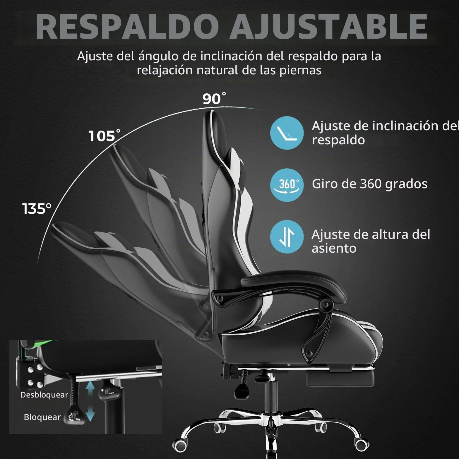 GTPLAYER Silla de Oficina para Gaming, Masaje, sillón, Silla ergonómica para Gamer, con reposapiés, reposacabezas, cojín Lumbar, Acolchado, Silla giratoria, Color Blanco