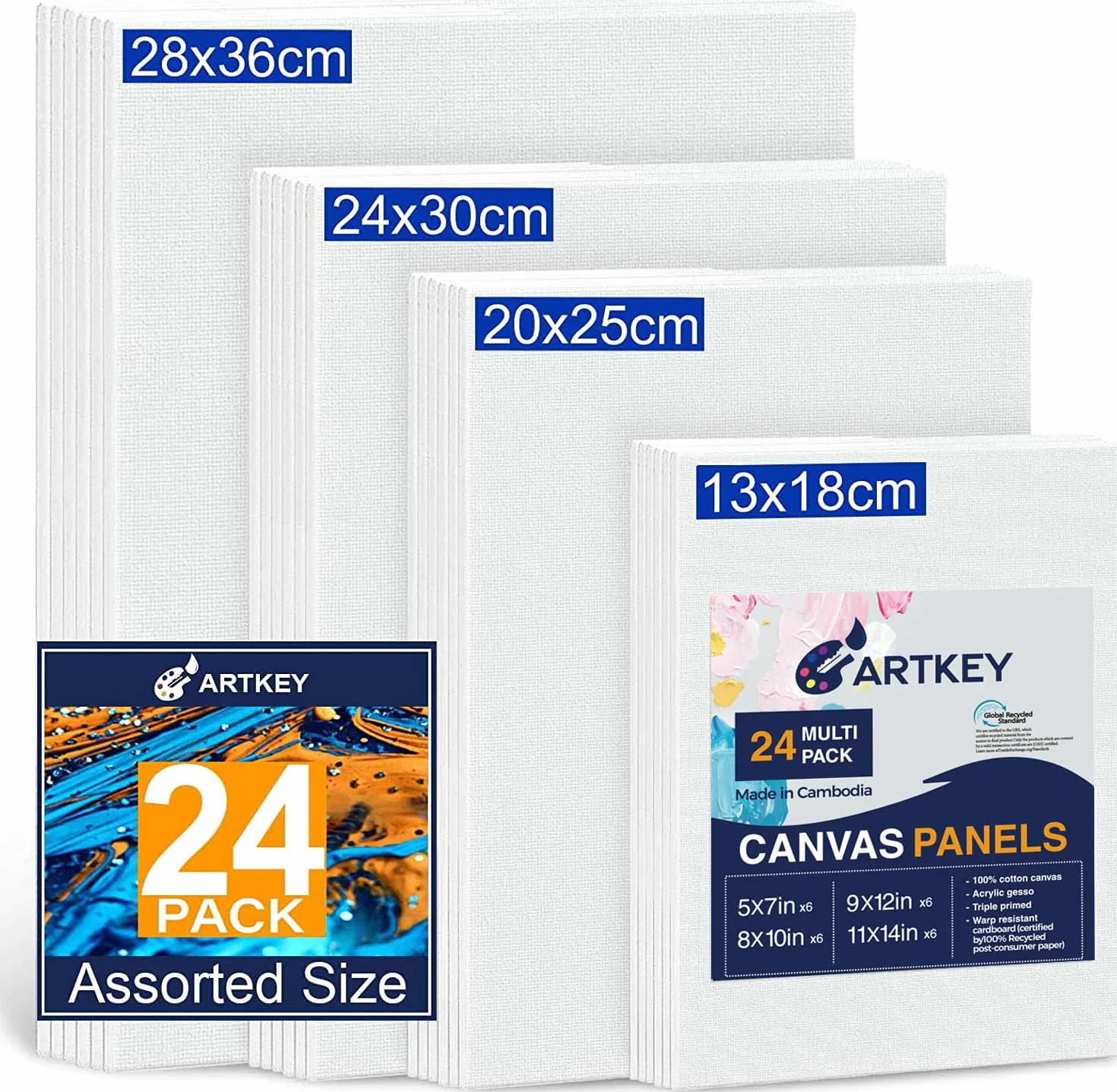 Paneles de lienzo, paquete de 24 unidades, 13 x 18, 20 x 25, 24 x 30, 28 x 36 cm, 300 g/m², triple imprimación, sin ácidos, 100% algodón, lienzo para pintura, tablero plano en blanco para pintura al
