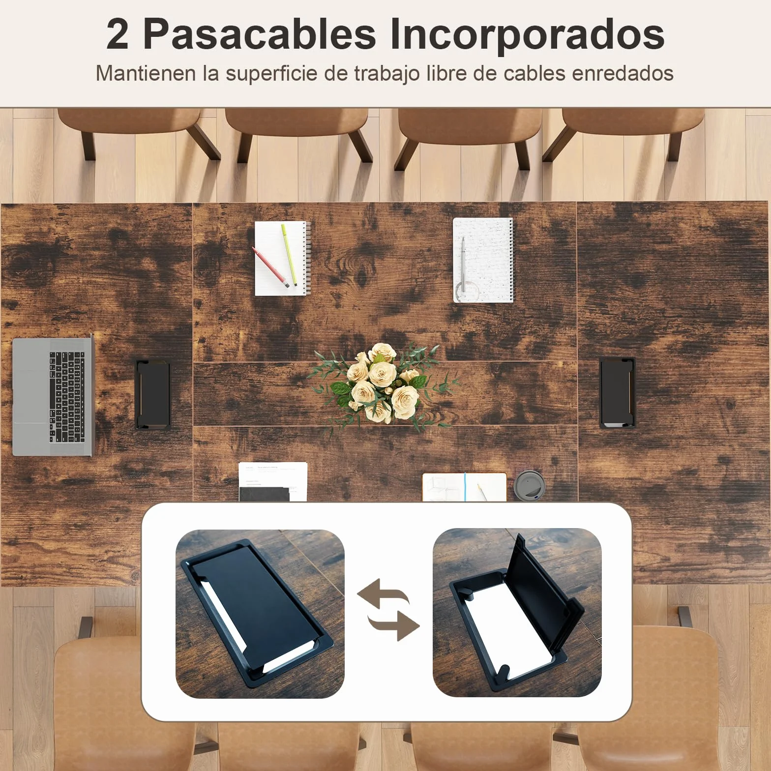 GYMAX Mesa de Conferencias, Ordenador de Oficina con 2 Pasacables, Escritorio Rectangular de 240 x 120 cm con Marco Metálico Resistente, Mesa Moderna para Seminarios para Sala de Reuniones