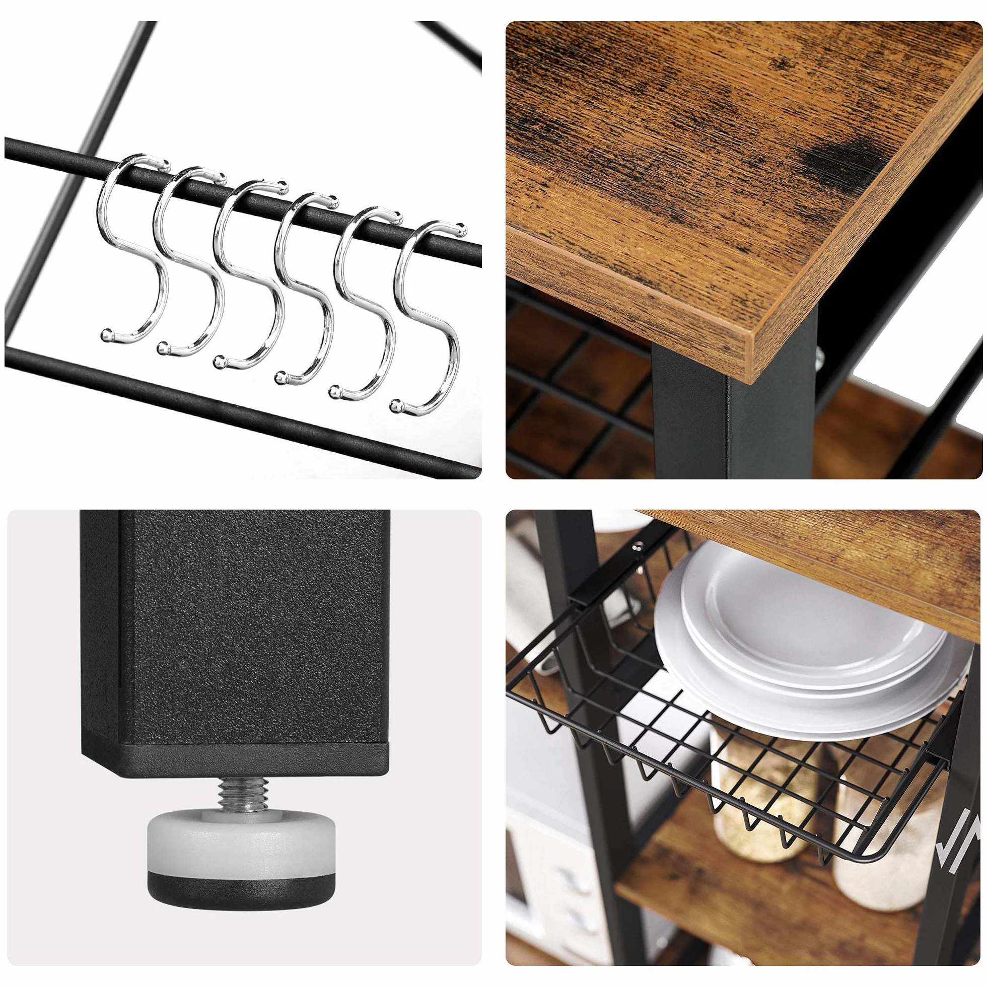 VASAGLE - Estantería de Cocina, con Marco de Acero, 1 Cesta y 6 Ganchos, Almacenamiento para Mini Horno, Especias y Utensilios, Estilo Industrial, marrón rústico y Negro KKS90X