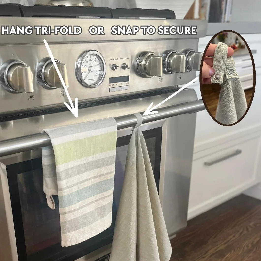 Toallas de cocina grandes de alta calidad, (paquete de 2), 29 x 19 pulgadas, juego decorativo 100% algodón con lazo para colgar y broche, duraderas y absorbentes, toallas de cocina