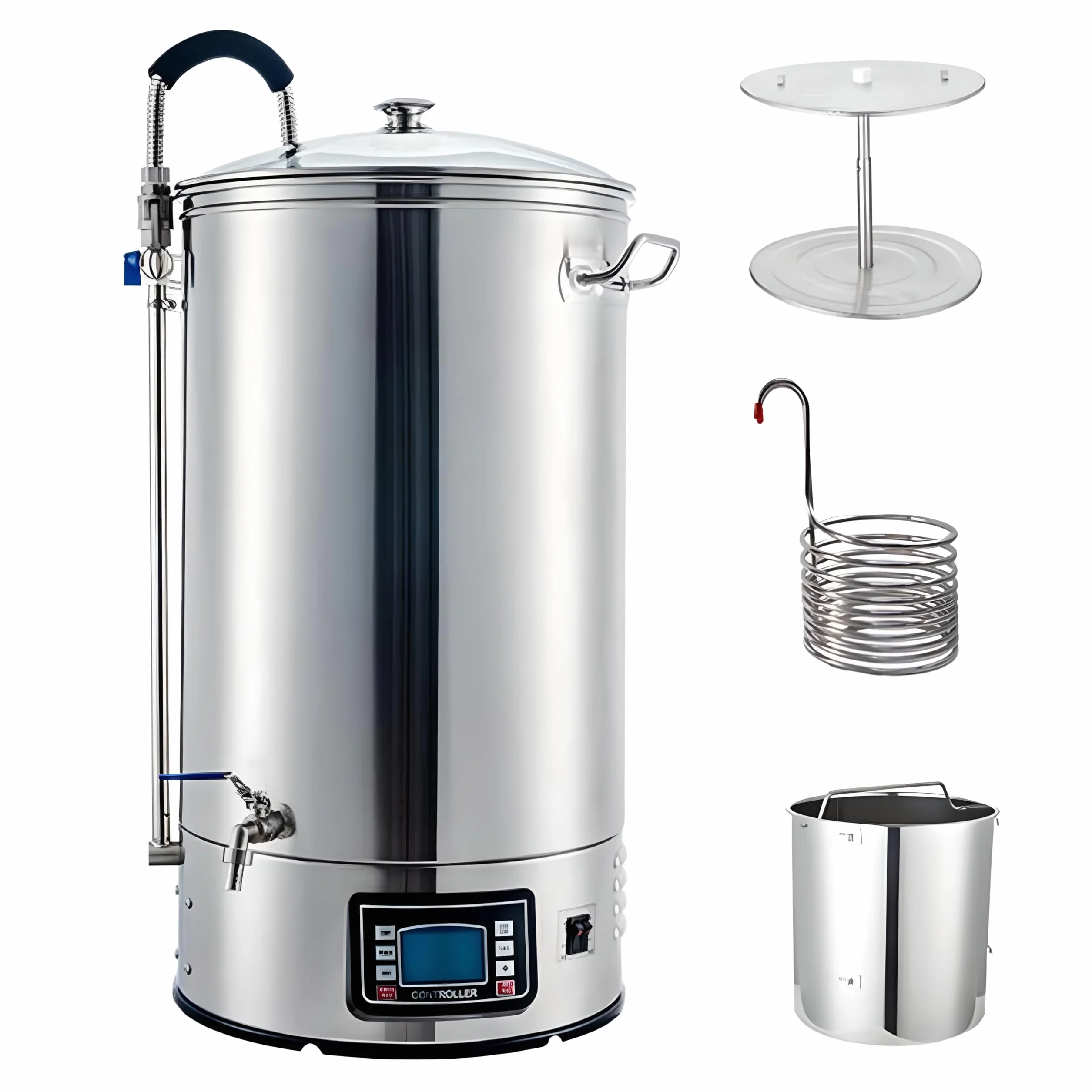 Kit automático de elaboración de cerveza con tubo de puré visualizado, calefacción de 2500 W, 7 etapas programables, capacidad de 60 litros para elaboración casera