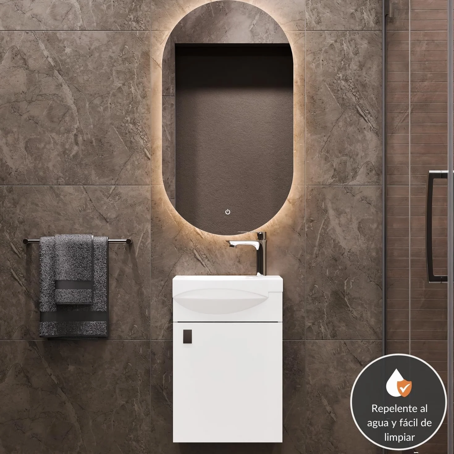 Planetmöbel Conjunto de Muebles de baño Lavabo 40 x 60 x 29 cm, Espejo con iluminación 50 x 90 cm, Blanco