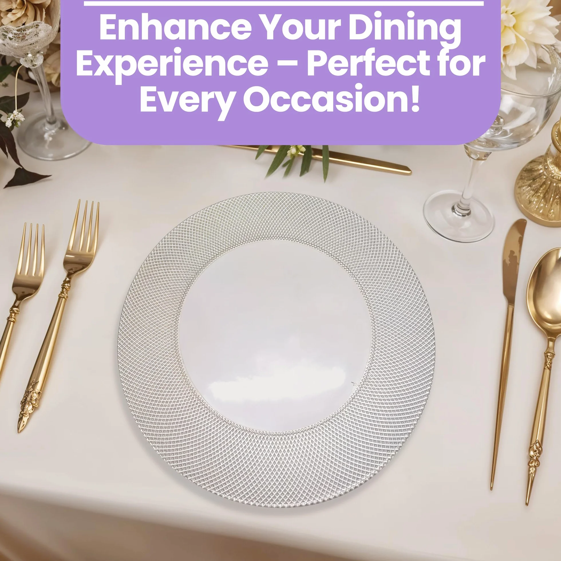 Elegante plato de carga de vidrio a cuadros plateado de 33 cm, placa inferior redonda ideal para bodas, fiestas, aniversarios, fiestas de cumpleaños, vajilla y eventos de catering, 6 unidades