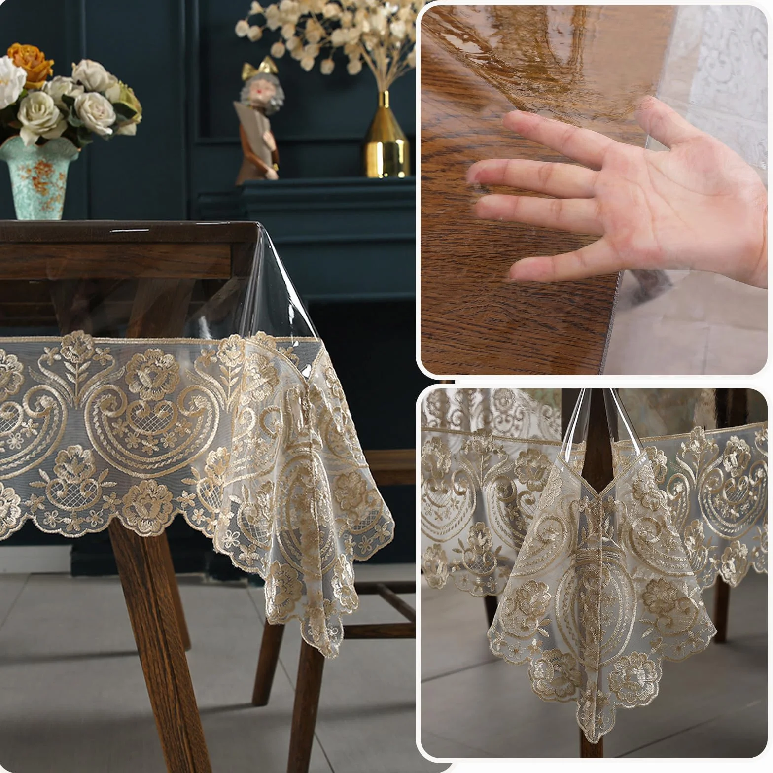 Qubjus Mantel de plástico transparente, impermeable, rectangular, de vinilo, con encaje bordado, para comedor, cocina, bufé, banquetes, fiestas (60 x 98 pulgadas, café)