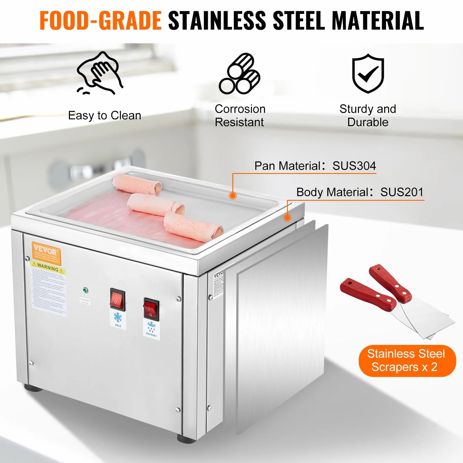VEVOR Máquina para Hacer Helados Fritos Bandeja para Helados Fritos de 28 x 24 cm Plancha para Helados Enrollados de Acero Inoxidable con Compresor y 2 Raspadores para Hacer Helados, Yogur Helado