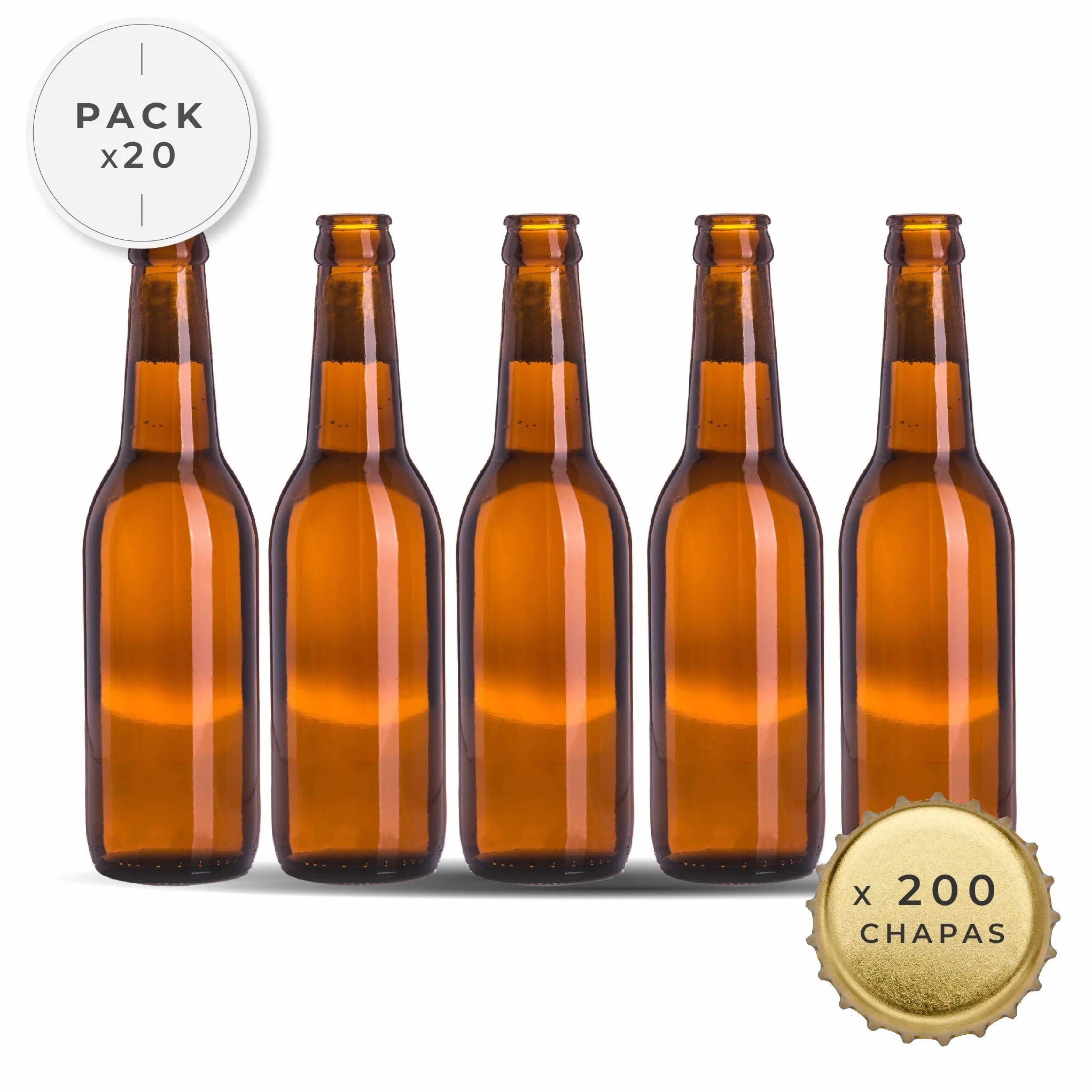 Botellas vacias de cerveza 33cl reutilizables con chapa incluidas | kit 20 botellines y 200 chapas para elaborar cervezas artesana | Pack de botella elaboracion artesanal en casa