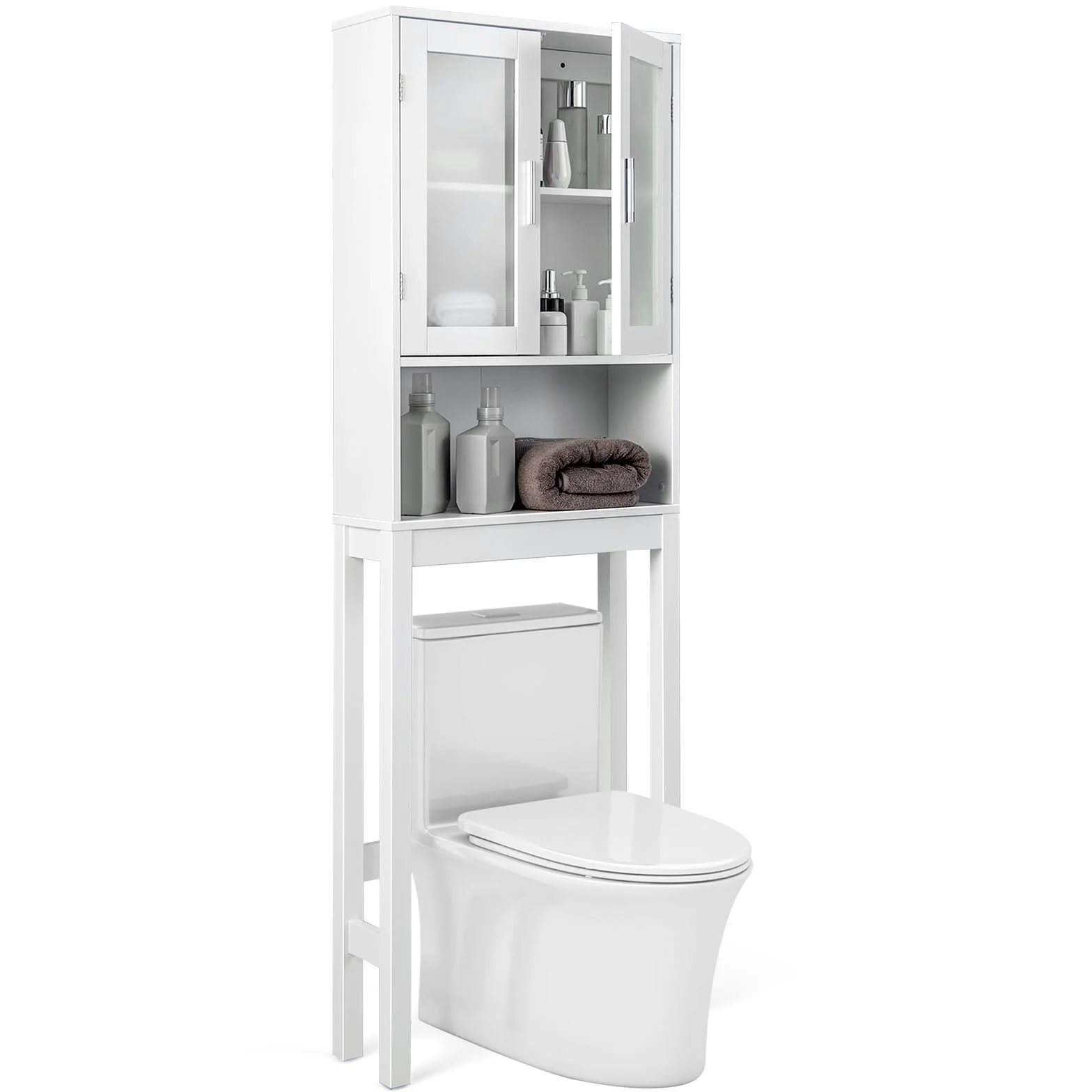 GOPLUS Armario de Almacenamiento sobre el Inodoro, Organizador de Baño con Puerta de Vidrio Templado Doble, Estante Ajustable, Estante Abierto, 170 cm
