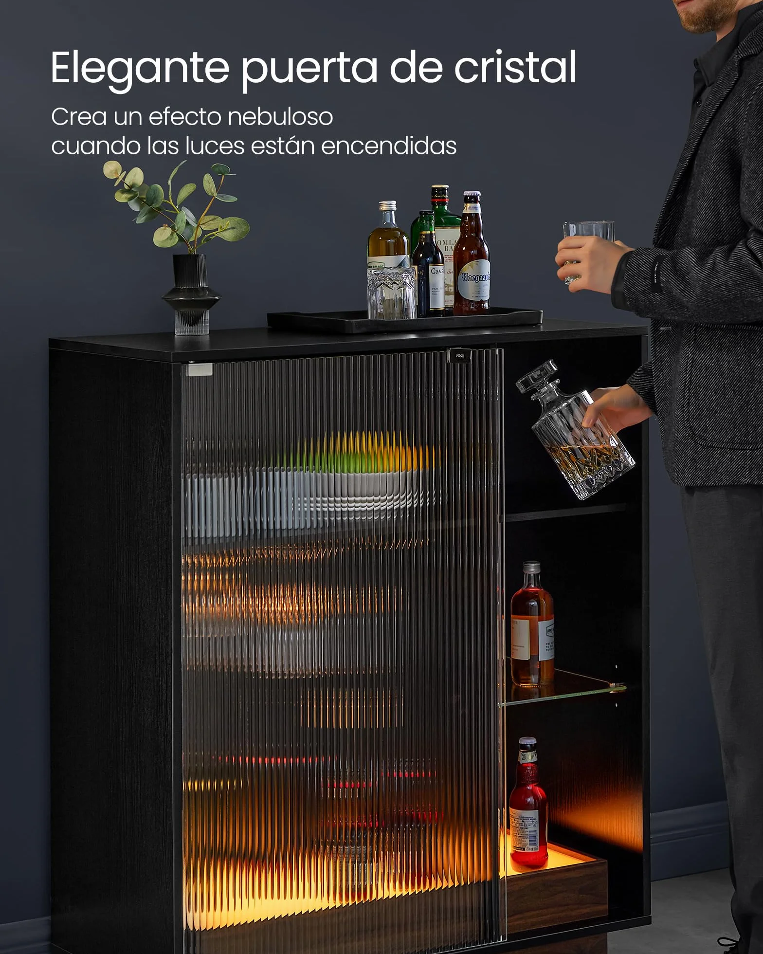 VASAGLE Aparador, Armario Bar Vino con Luces LED, con Almacenaje para Vino, Bar Café Licor, con Portavasos, Puerta de Vidrio Acanalado, para Sala de Estar, Negro Ébano BBK361B21