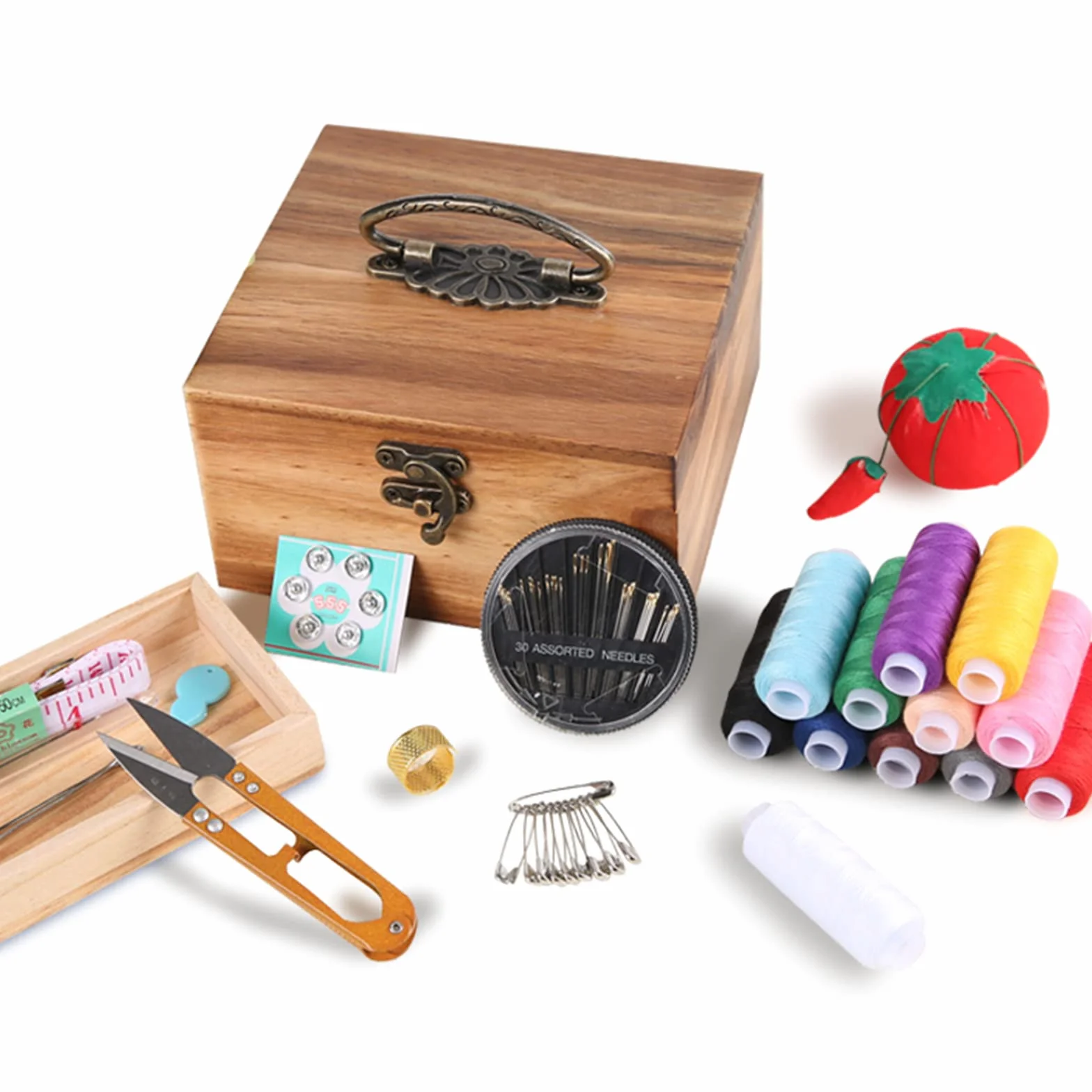 Caja de Costura de Madera, Caja de Costura de Madera con Accesorios, Kit de Costura, Color Madera Natural 14,5 cm x 13,5 x 5,5 cm, Natural
