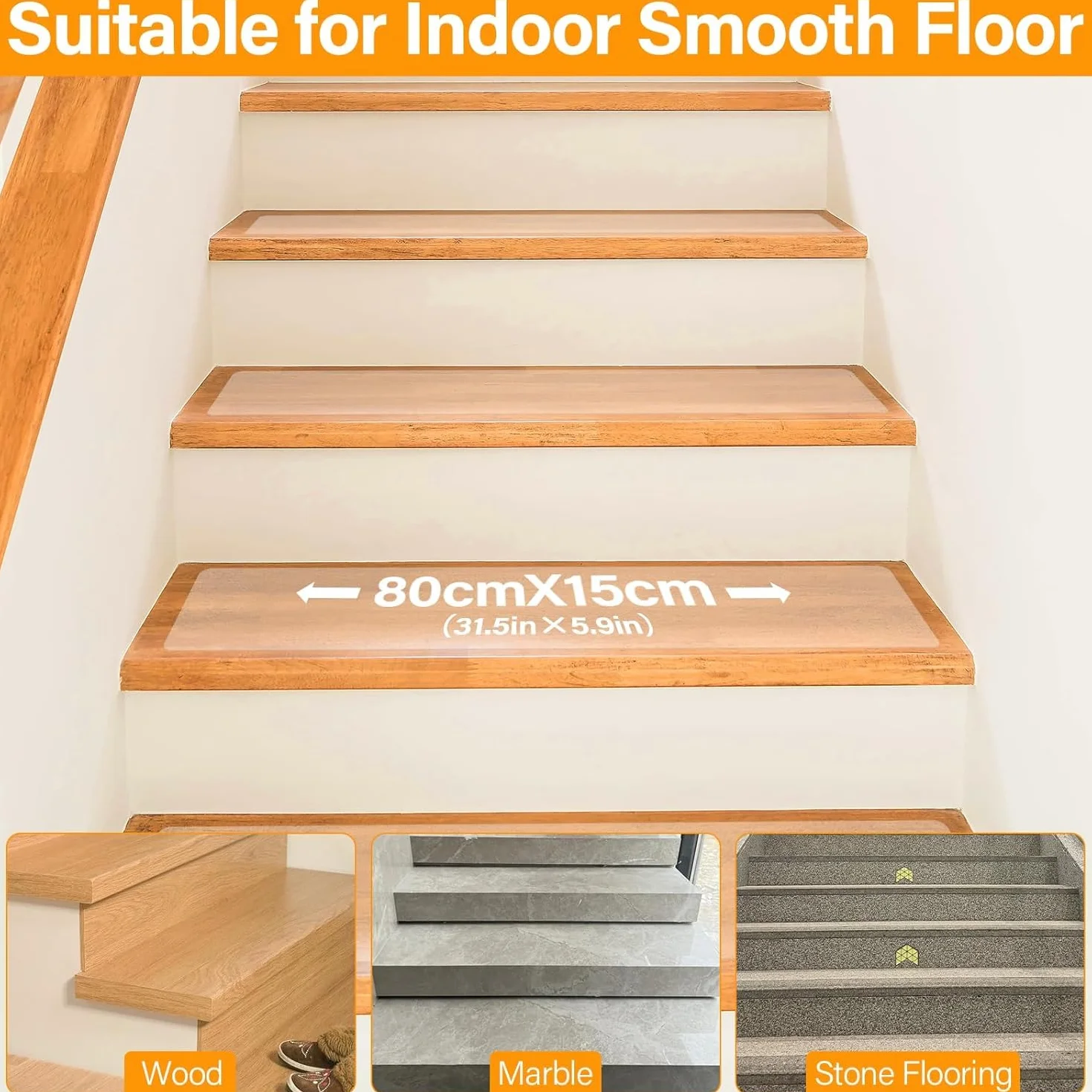 Antideslizante Alfombra para Escaleras, 15 Piezas Transparentes Tiras Antideslizantes,15x80cm Autoadhesivo Cinta Antideslizante para Peldaños Interiores