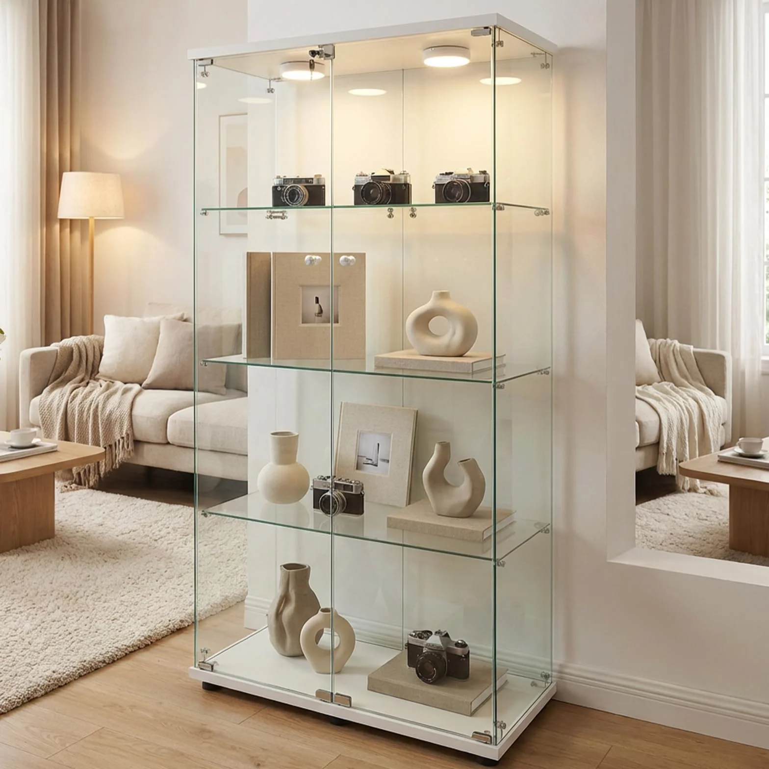 Vitrina de Cristal con iluminación LED, Color Blanco, 80,6 x 36,5 x 164,5 cm, Dos Puertas con Cerradura, Vitrina de Cristal de pie con 3 estantes de Cristal, Vitrina para salón, Dormitorio