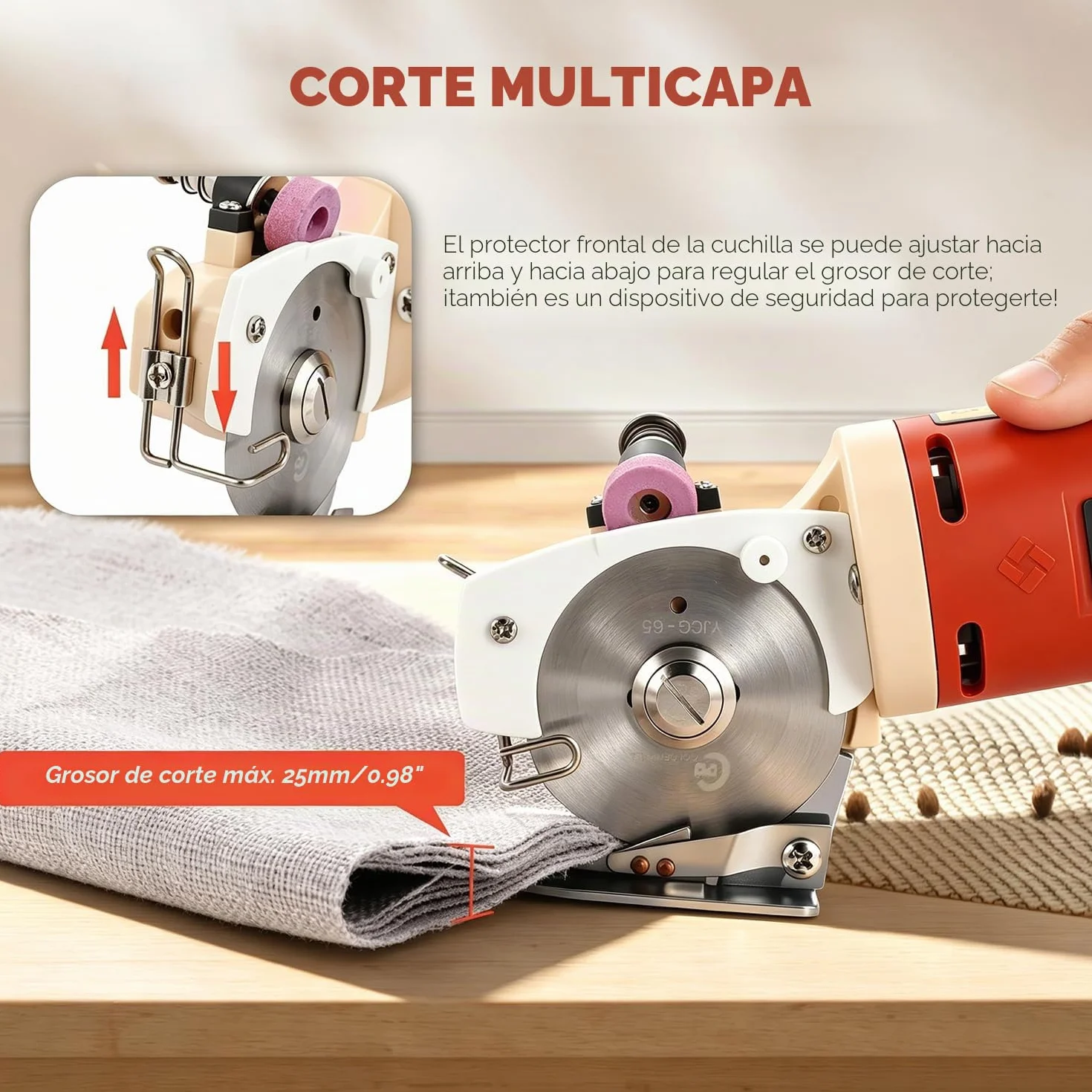 CGOLDENWALL YJ-65 Cortador de Tela Eléctrico con 22mm de Espesor Máx. de Corte, Tamaño de la Cuchilla 65mm, con Función de Afilado Automático, Ideal para Cortar Textil/Cuero/Alfombra
