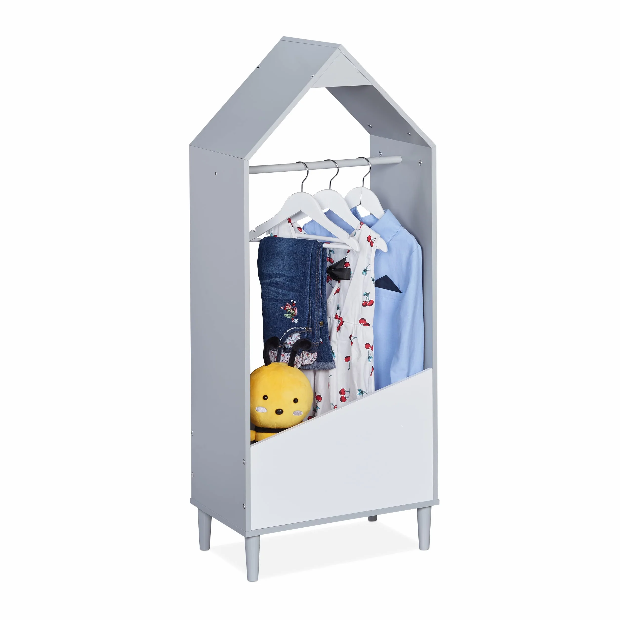 Relaxdays Armario Ropero, Perchero Niños con Cajón, 117x48x30 cm, Guardarropa Infantil con Balda, Gris y Blanco, Acero