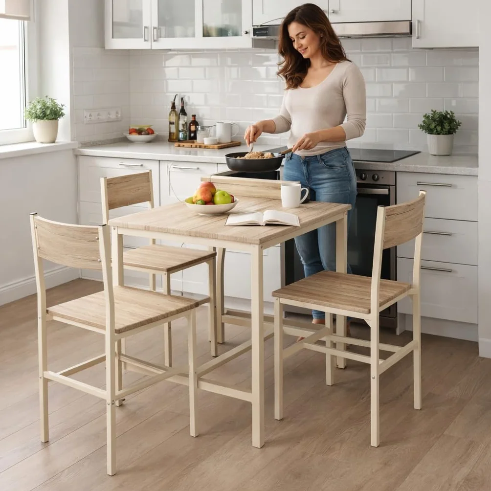 YELLOO Mod. PORTOFINO Set Mesa Bar con 4 sillas Beige Cocina