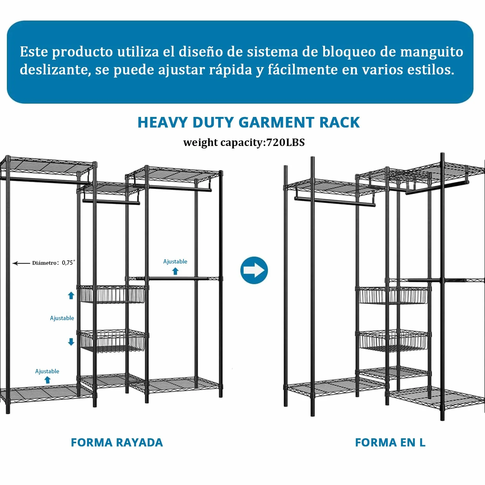 Perchero Metálico de 4 Niveles, Riel para Ropa de Alta Resistencia con Estantes, Carga Máxima 500 lbs, Organizador Grande para Ropa, Negro