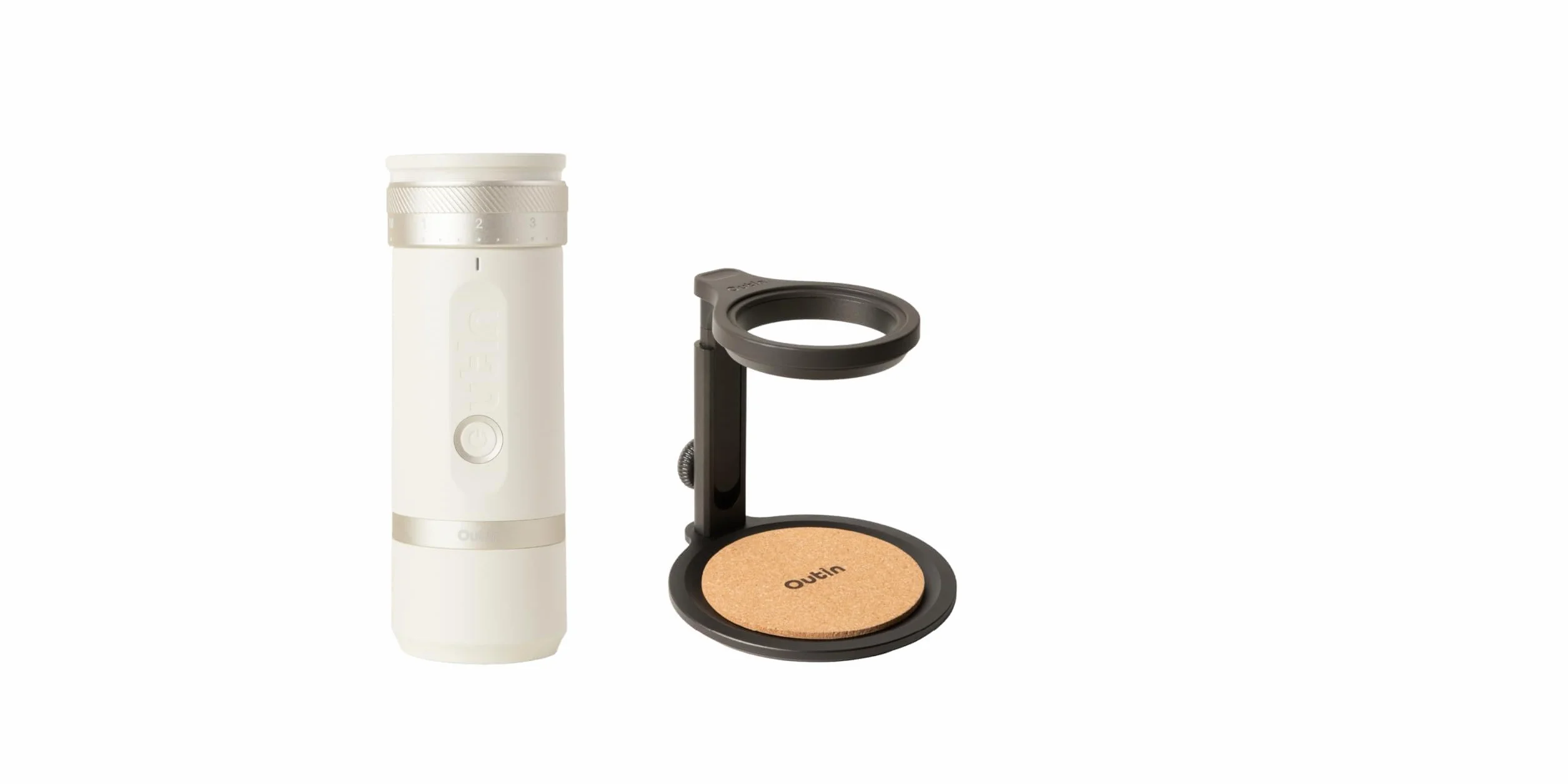 OutIn Fino Molinillo de café eléctrico portátil con OutIn Soporte universal para café (con base de corcho)