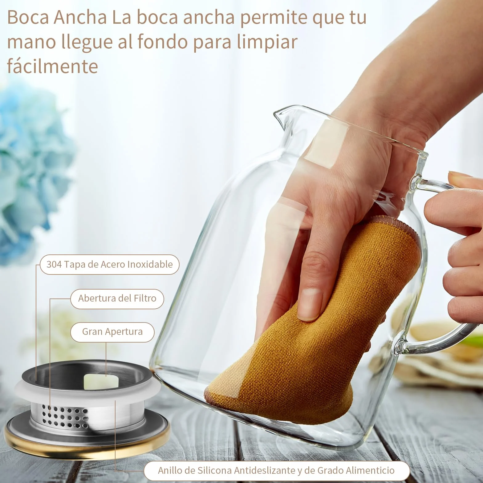 MESNEY Tetera de Vidrio 2L Infusor Borosilicato Resistente al Calor Colador Tapa 2 en 1