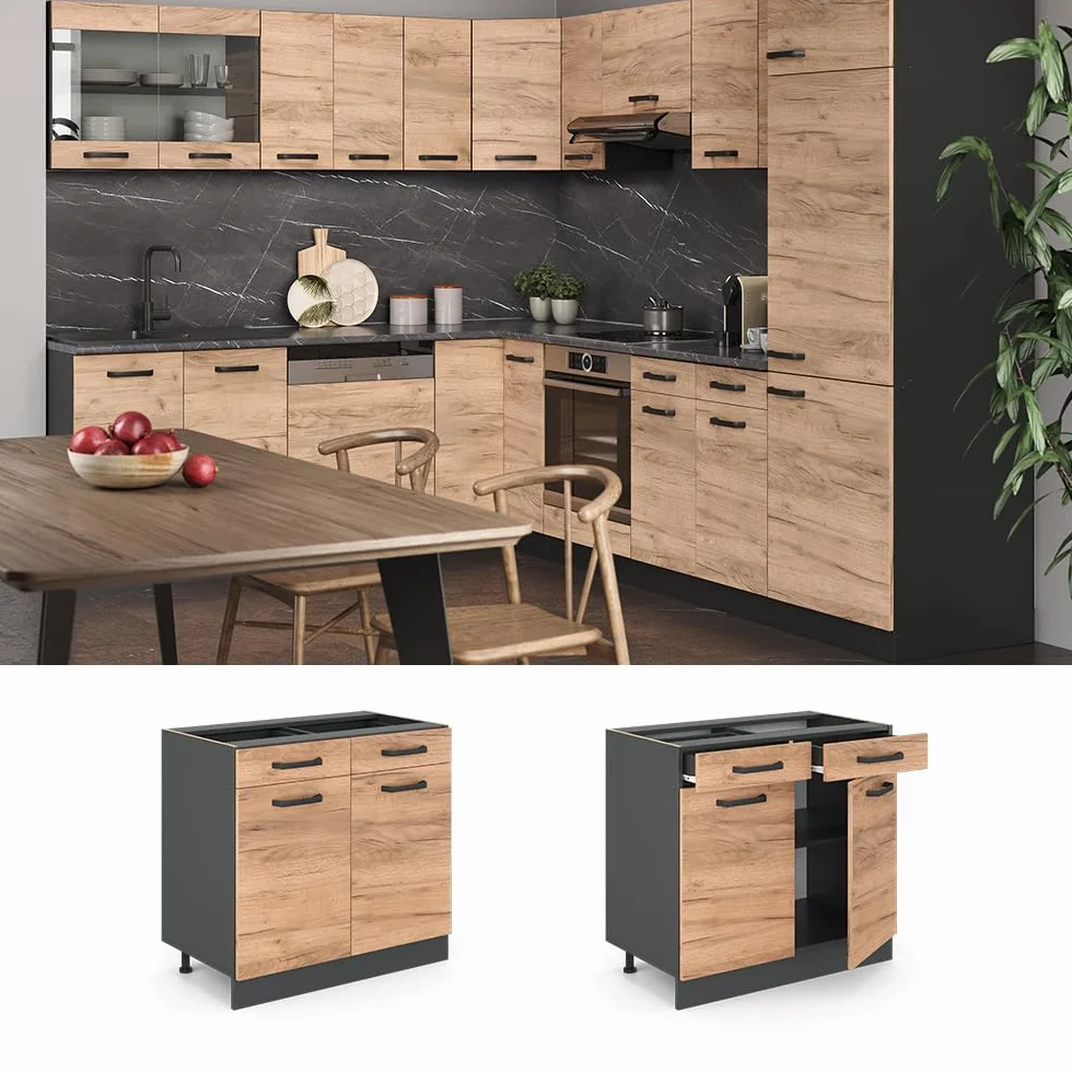 Vicco Mueble bajo de Cocina R-Line, Roble Dorado/Antracita, 80 cm sin encimera