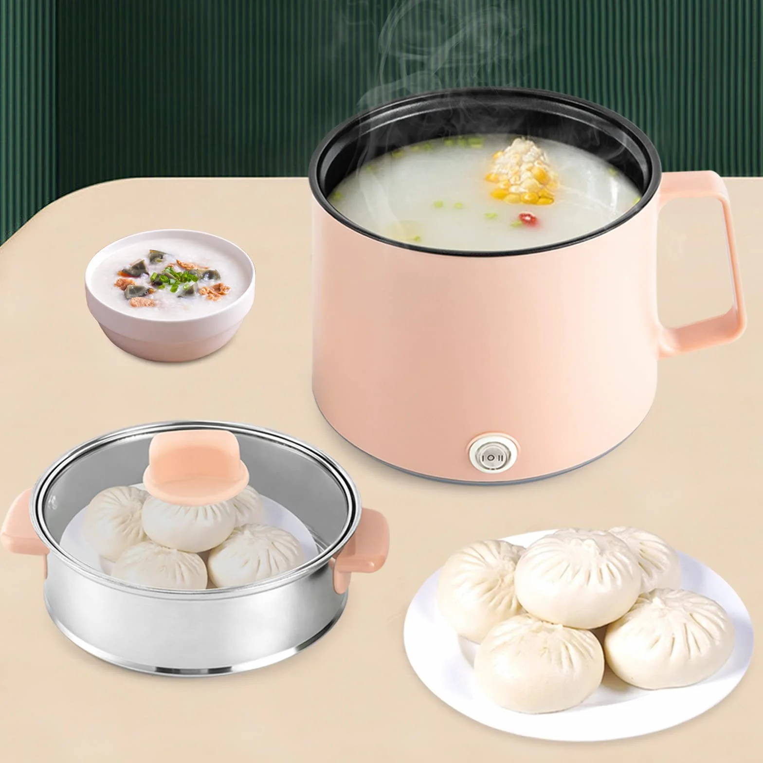Olla de fondue eléctrica portátil 1,7 litros con cesta de vapor para cocinar sopa, fideos (rosa)