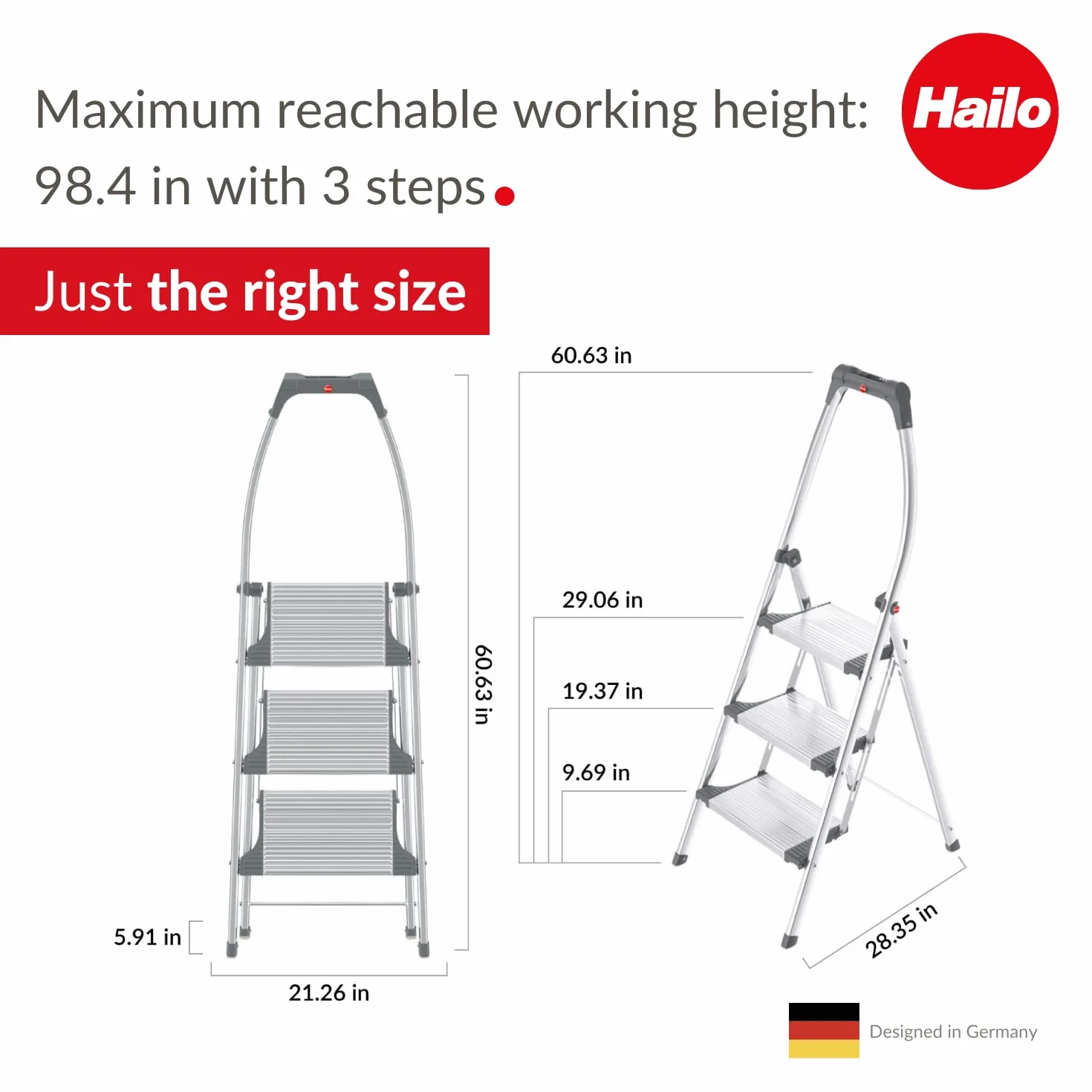 Hailo 4303-201 Taburete de Aluminio con Estribo Alto de Seguridad (3 peldaños) Plateado (4303-321)