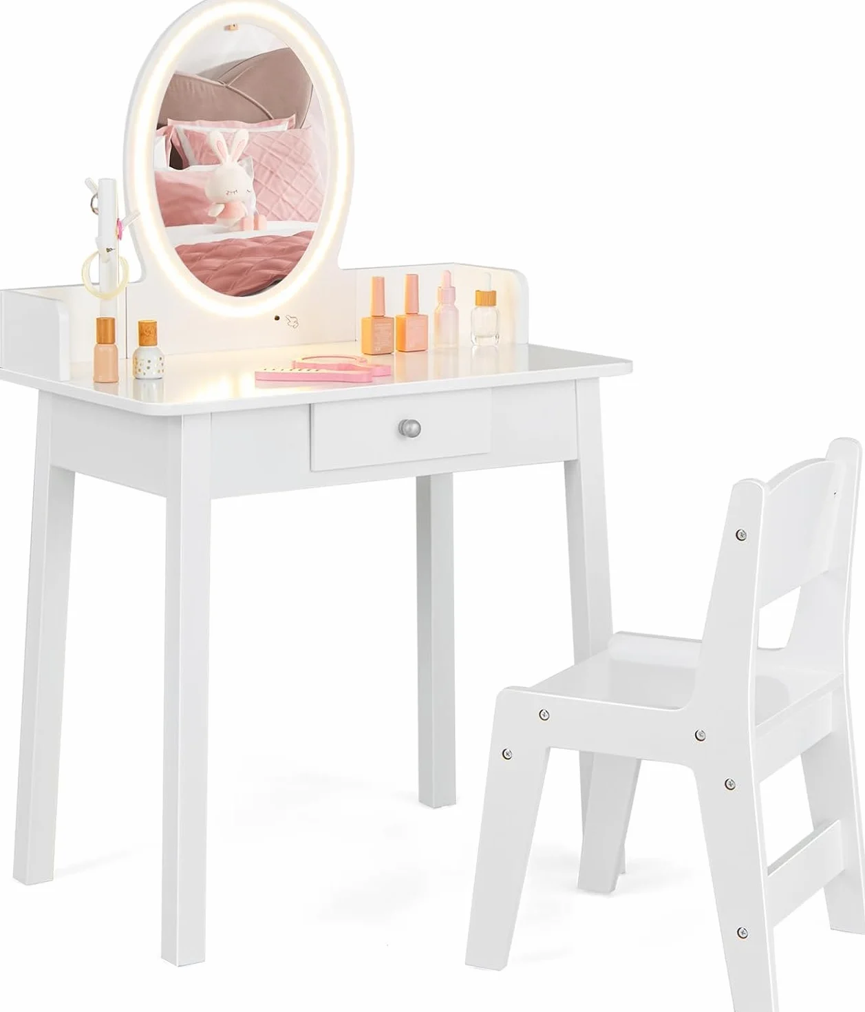 RELAX4LIFE Tocador de Maquillaje Niña 2 en 1 con Espejo Extraíble, Luces LED 2 Colores y Taburete, Blanco