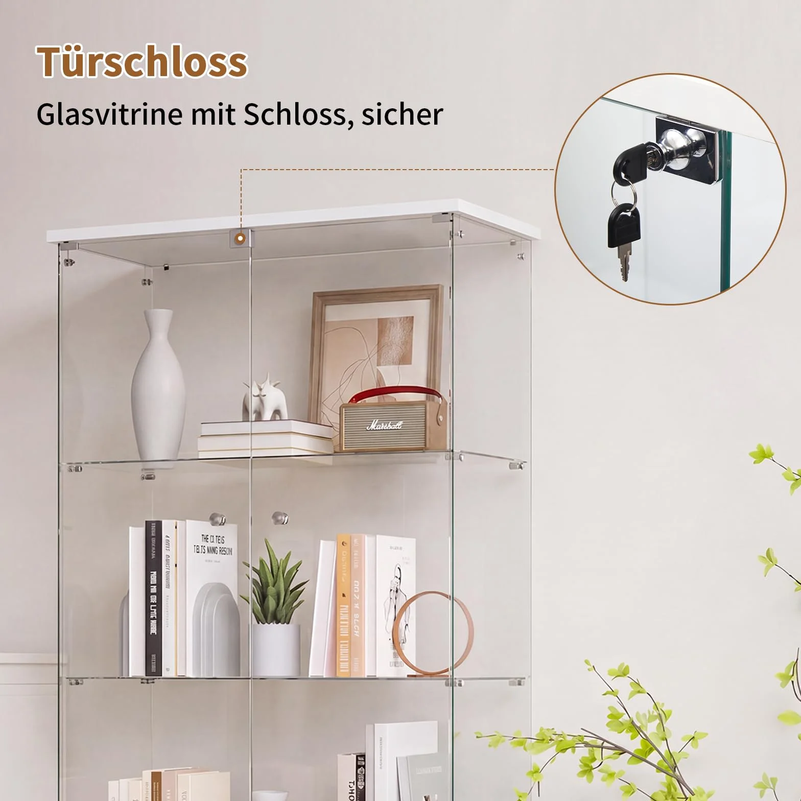 DADEA Vitrina Cristal 4 Estantes y 2 Puerta, Vitrina con Cerradura, 36,5 x 80,5 x 164cm, Columna Expositora Vidrio MuebleVitrina Expositora Armario Vidrio VitrinaExpositora AltaVitrina Suelo, Blanco