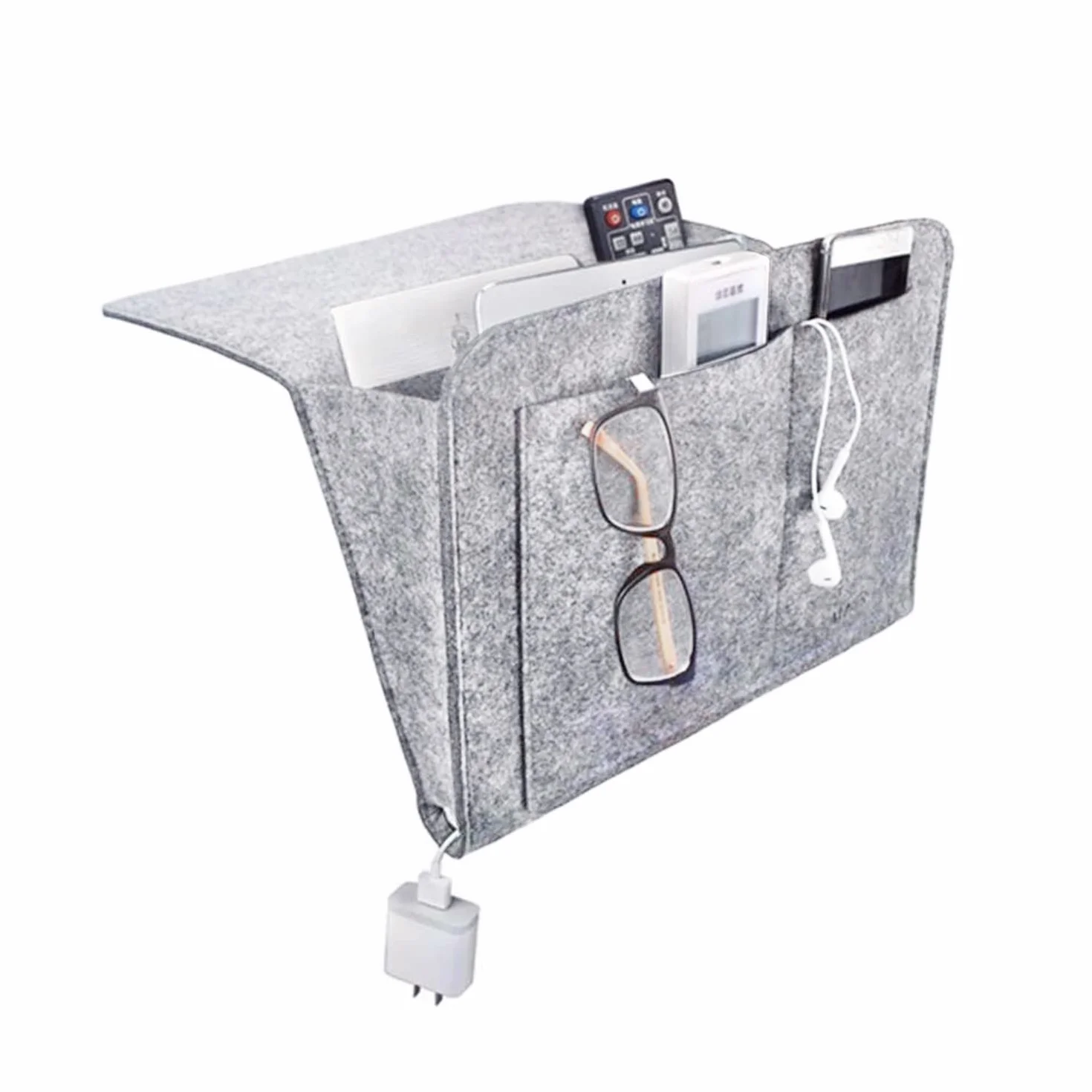 Bolsa de almacenamiento de fieltro para cabecera, organizador de noche, varios bolsillos, gris