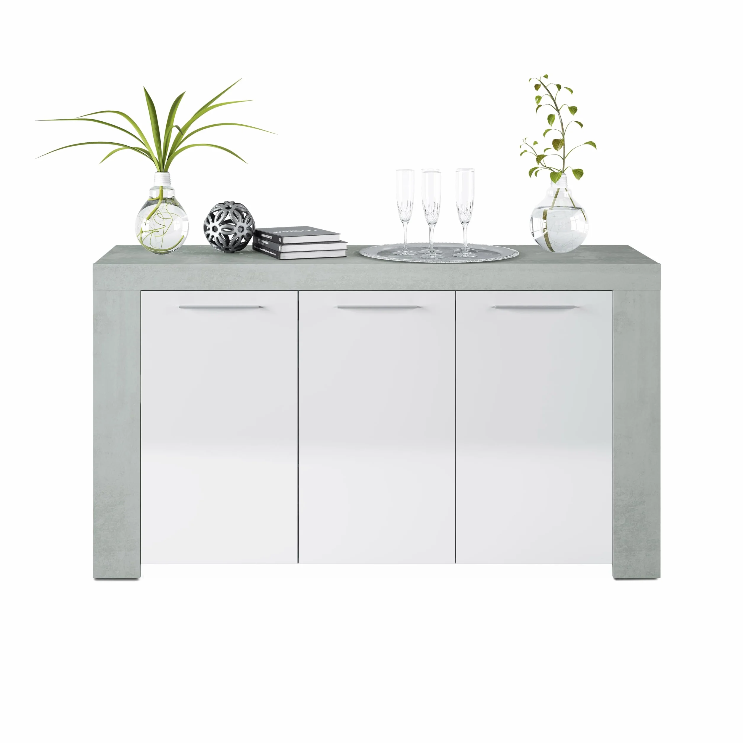 Aparador Buffet Moderno Armario Auxiliar Comedor Modelo Dara Blanco Gris Cemento 144x42x80 cm