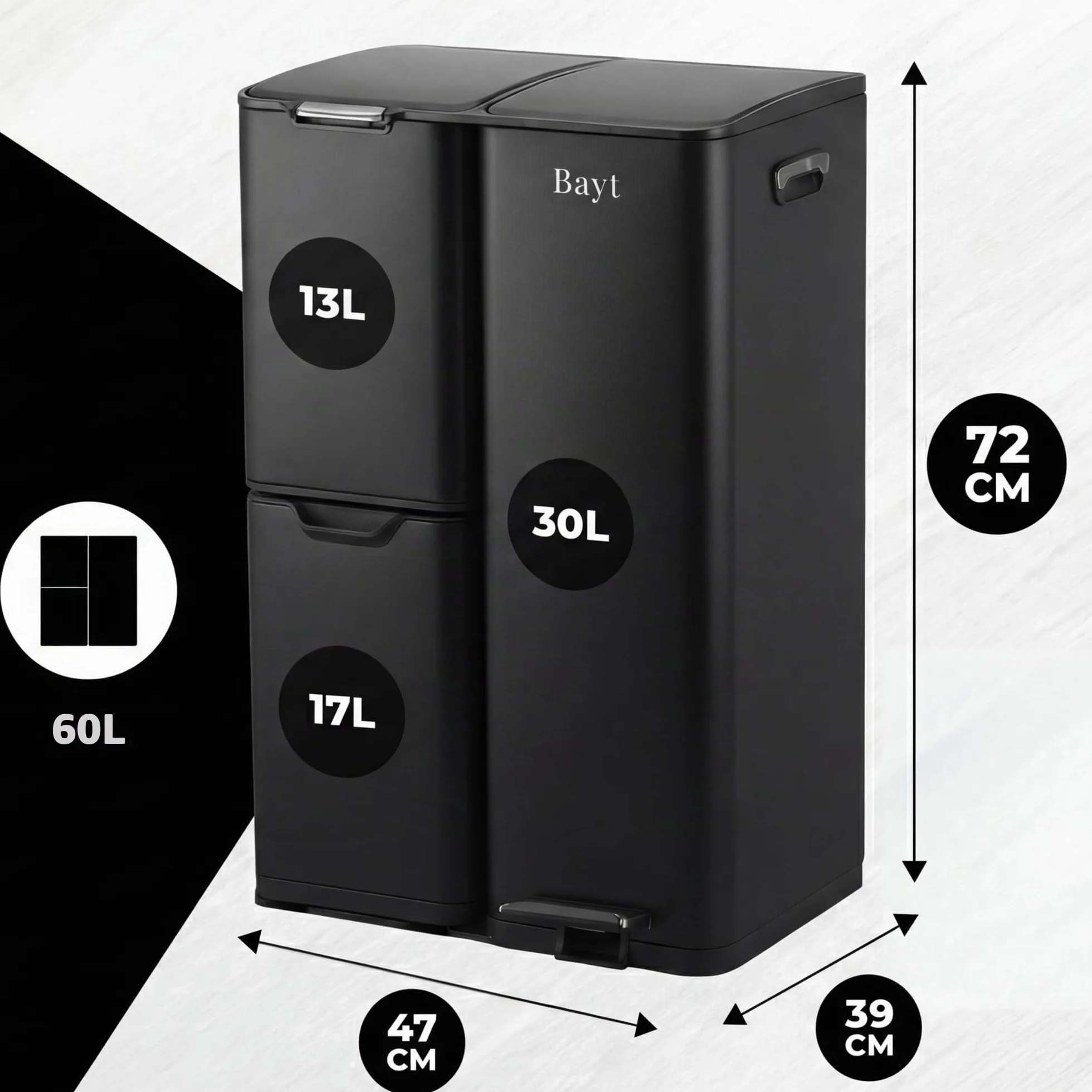 Bayt Cubo Basura - Cubo de Basura Cocina con 3 compartimentos (13+17+30L), Papelera con Separación Inteligente de Residuos, Acero Inoxidable, Total 60 Litros, Negro