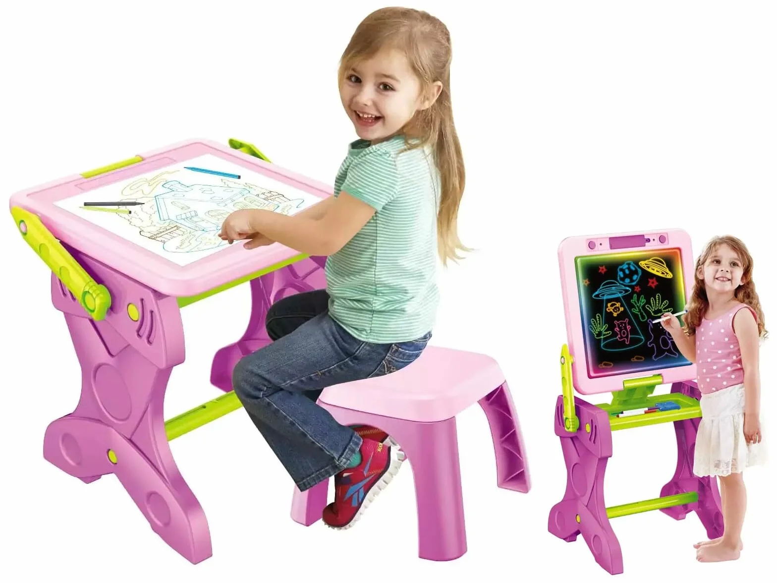 Pupitre Rosa 2 en 1 con Luz LED y Taburete