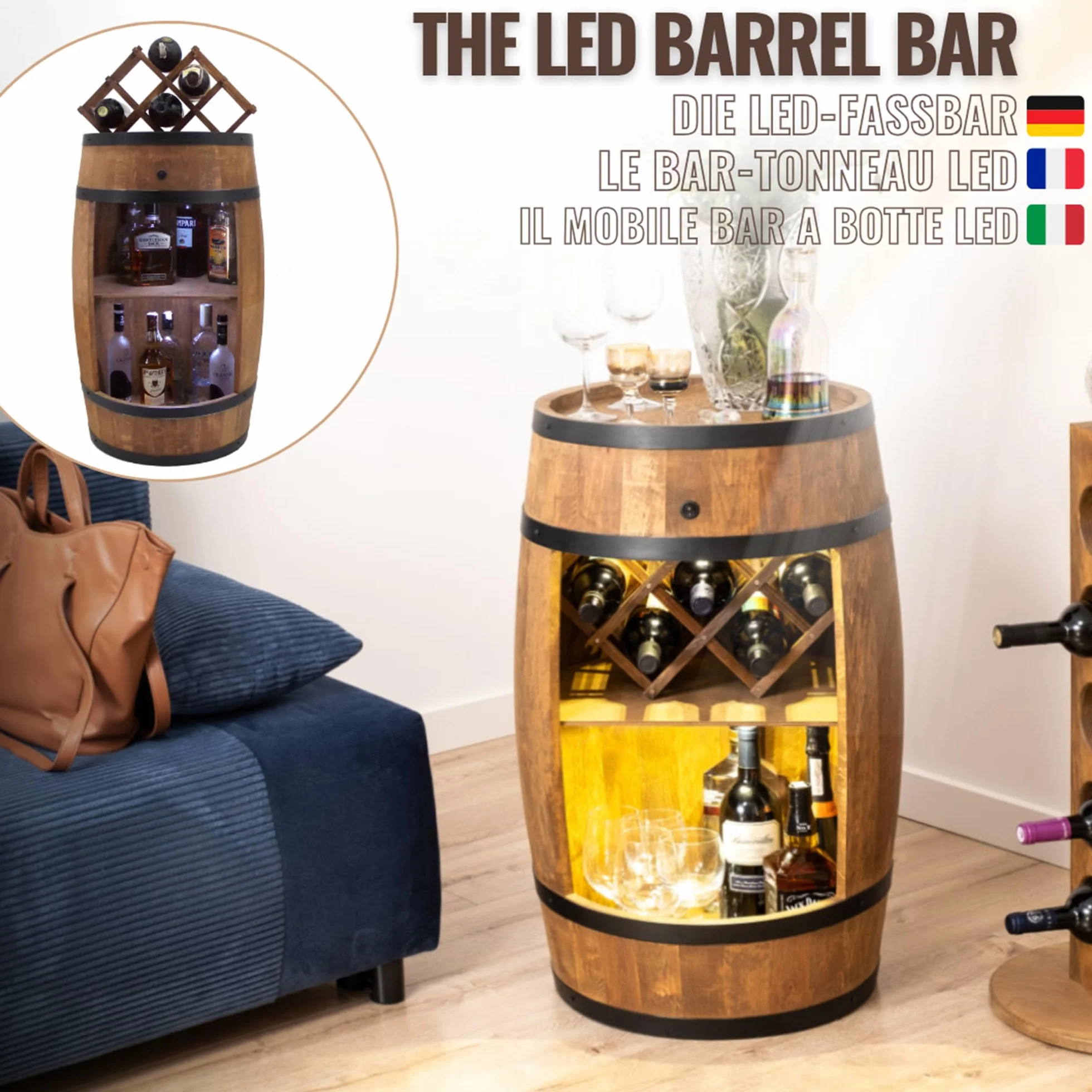 CREATIVE COOPER Barril con soporte para vino – Armario LED – Barril de madera – Bar de casa – 80 x 50 cm – Decoración rústica – Armario (marrón oscuro)