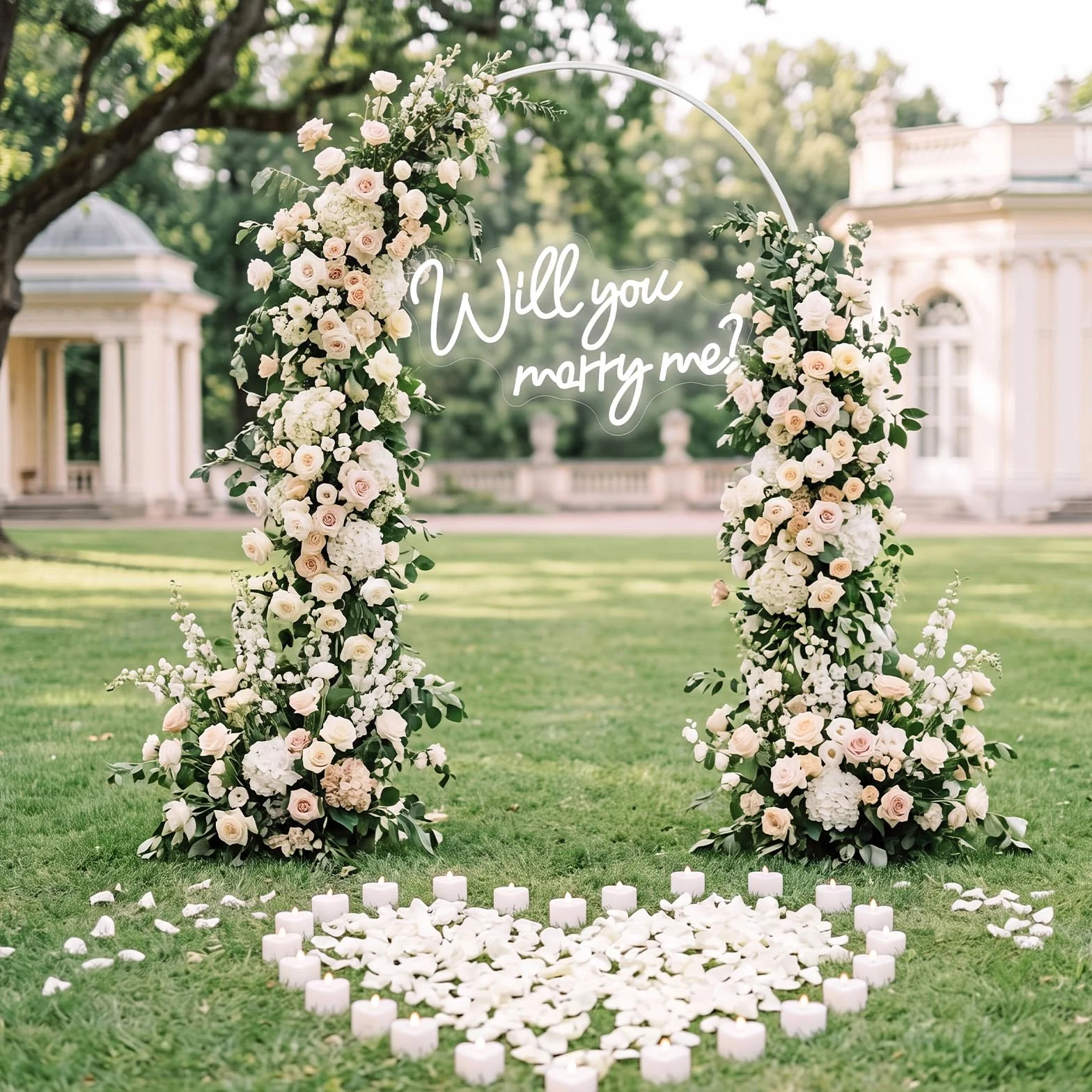 Coume Kit de decoración de propuesta de boda de 7 pies, letrero de neón grande de metal, 24 velas LED de corazón y 2000 pétalos de rosa blancos para propuesta al aire libre, boda, compromiso