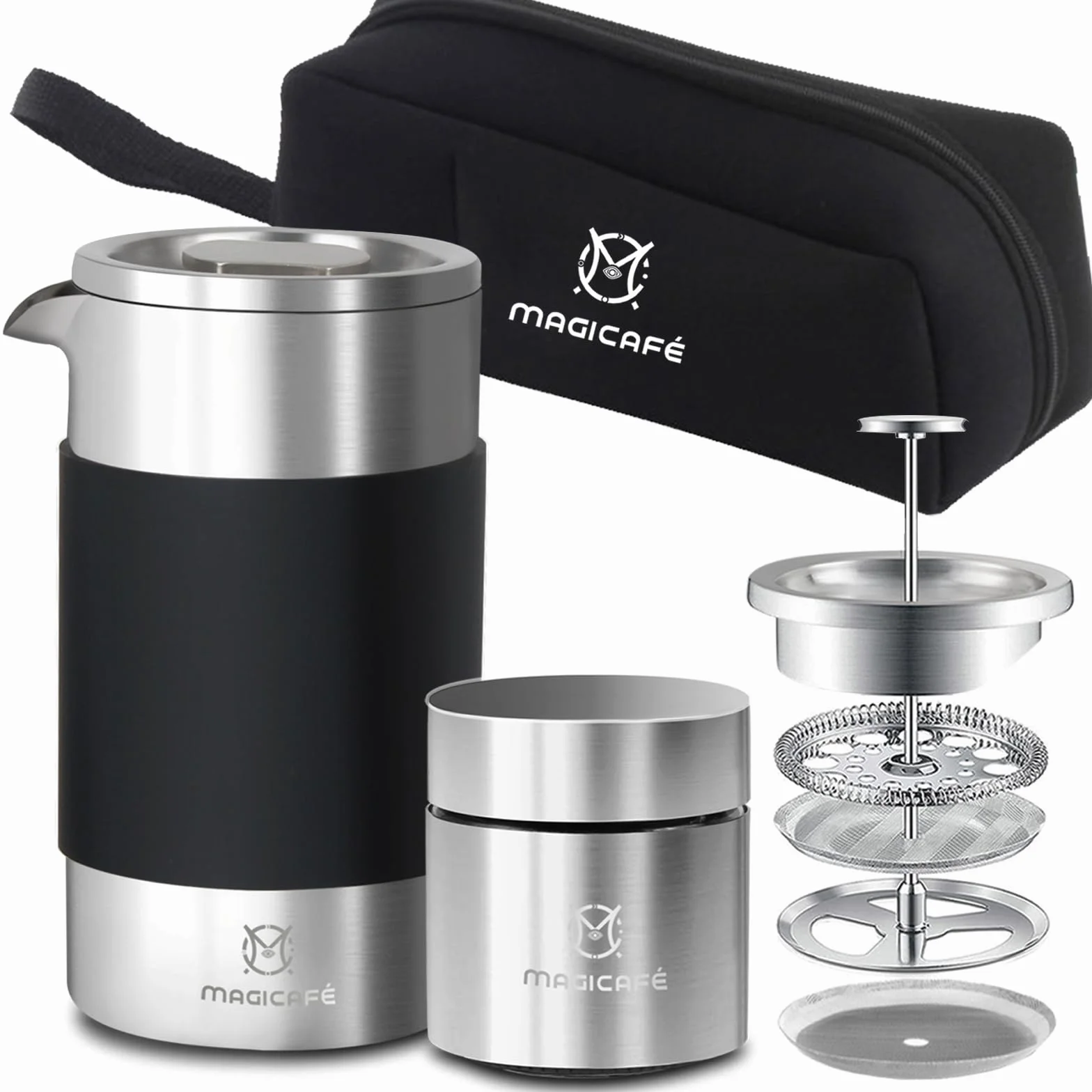 Juego de cafetera de prensa francesa, prensa francesa portátil con mini recipiente de café y bolsa de recolección, 1 taza pequeña de acero inoxidable de doble pared, prensa de café de 350 ml