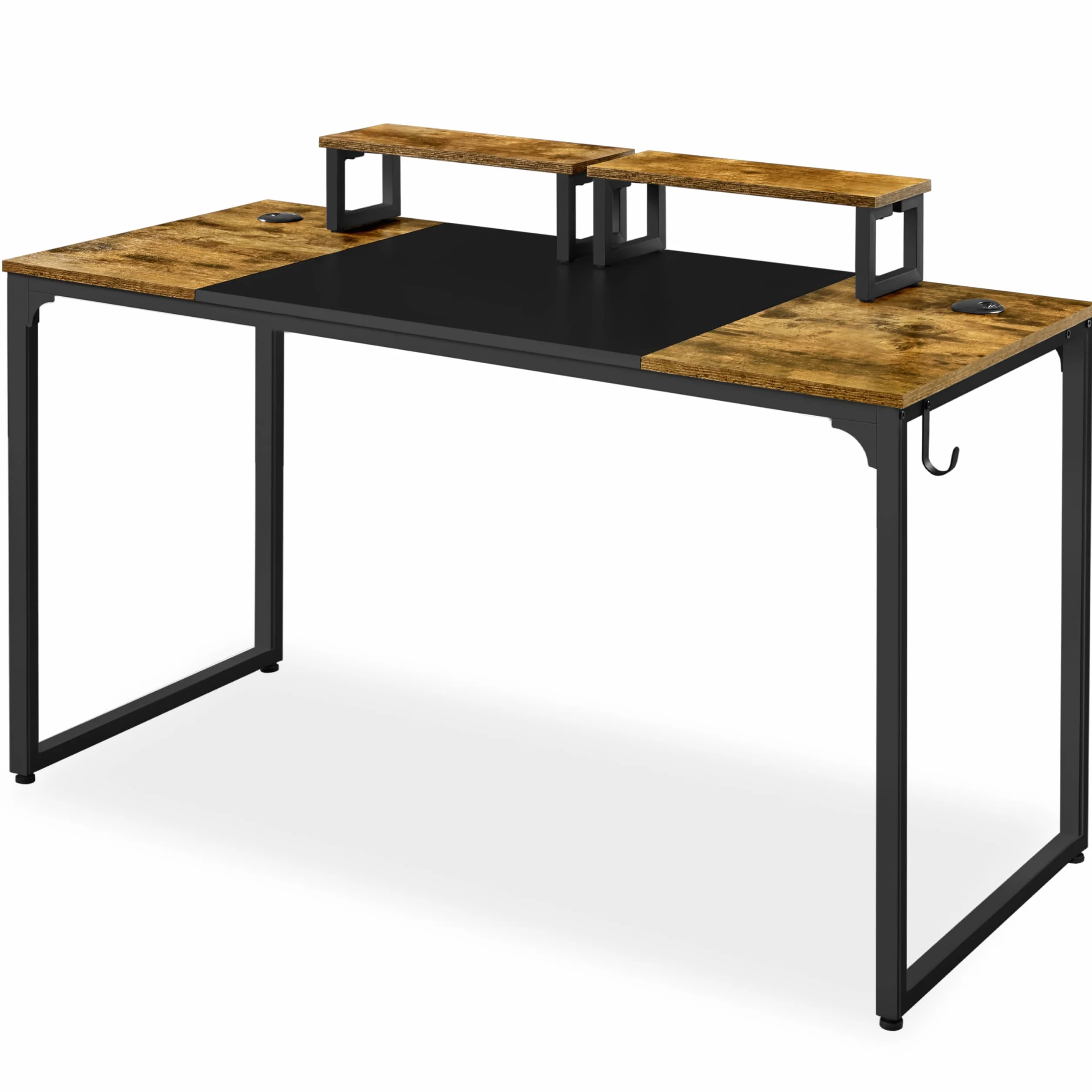 Yaheetech Escritorio con Soporte para Monitor 140x60x89cm Mesa de Computadora de Estilo Industrial para Oficina o Estudio Incluye 2 Orificios para Cables y Gancho en Tono Marrón Rústico