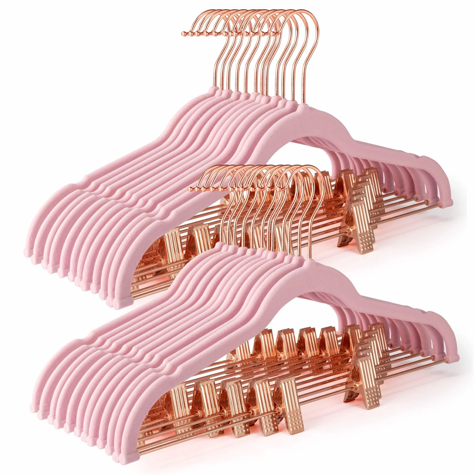 HOUSE DAY Perchas de Terciopelo con Clips, Paquete de 24 Perchas de Terciopelo ultrafinas Antideslizantes con Ganchos de Oro Rosa, Ahorro de Espacio, para Pantalones, Faldas, Jeans, Vestidos, Abrigos