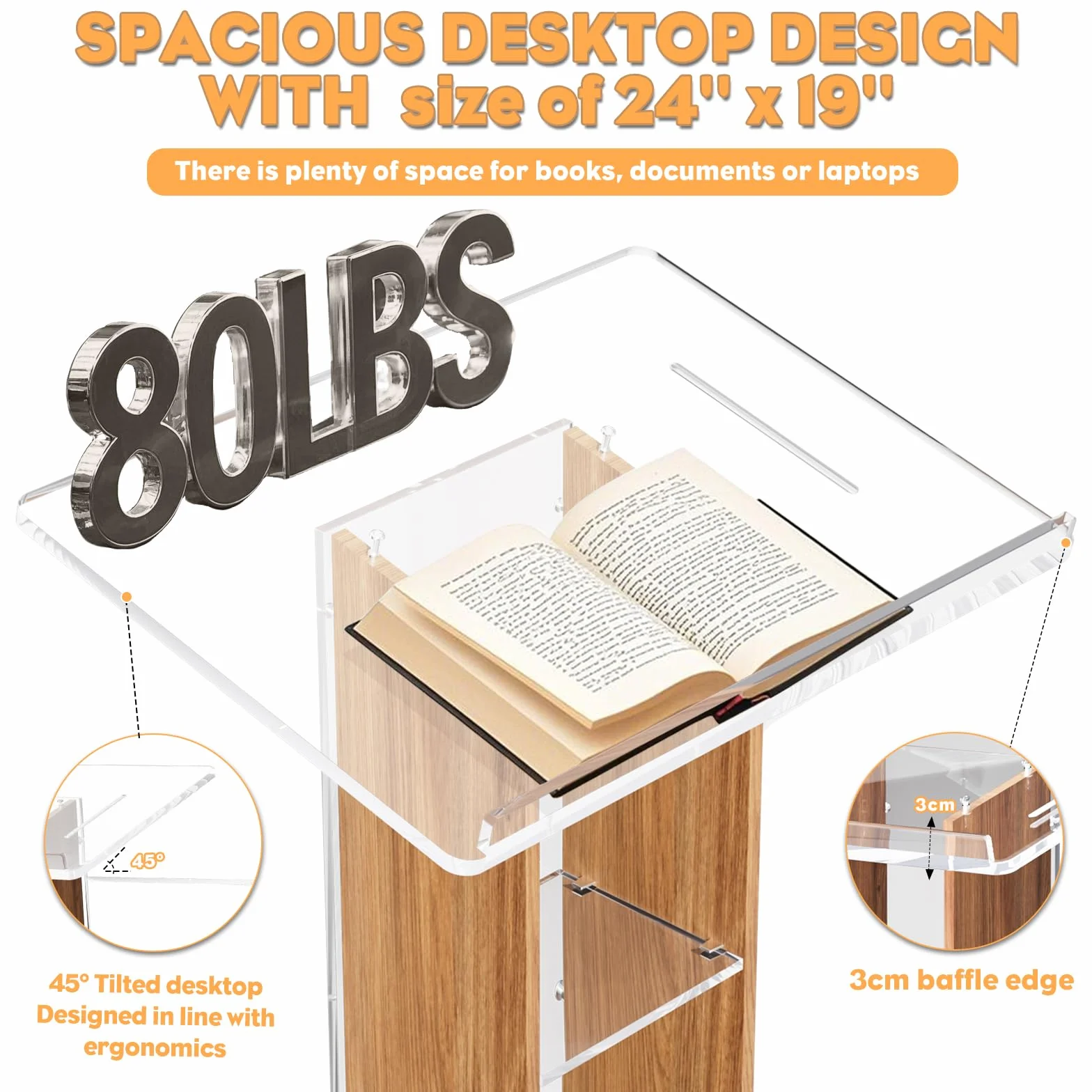 Afitdon Pódium de Madera de Acrílico, Púlpito de Acrílico Transparente con Estante de Almacenamiento, Púlpito de Iglesia con Plataforma de Lectura Amplia y Reforzada, Pódium Estable para Iglesia