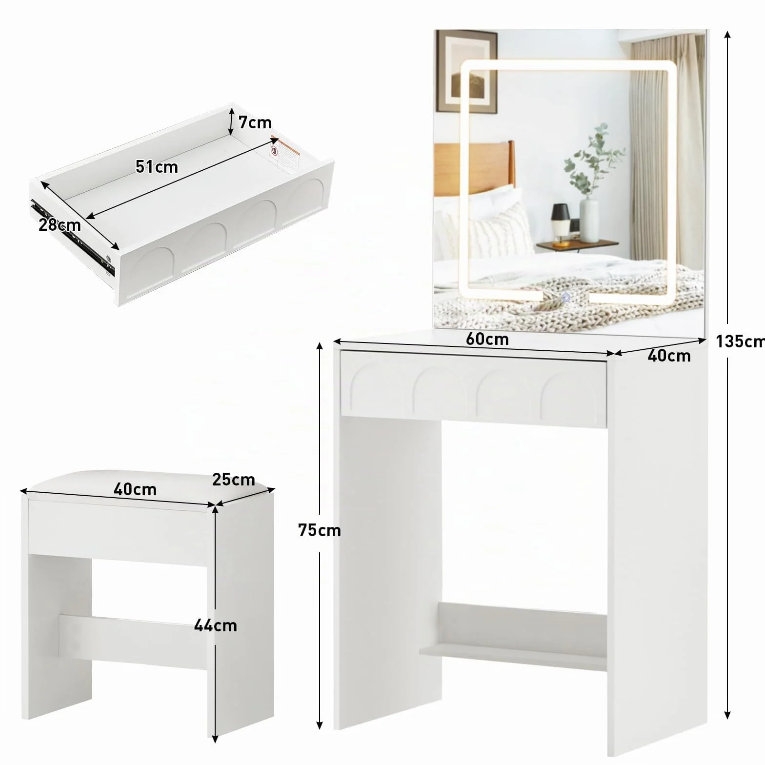 LEMROE Tocador Moderno con Espejo LED Táctil 3 Luces, Mesa de Maquillaje Compacto con Cajón y Taburete, para Espacios Pequeños, Blanco (Blanco)