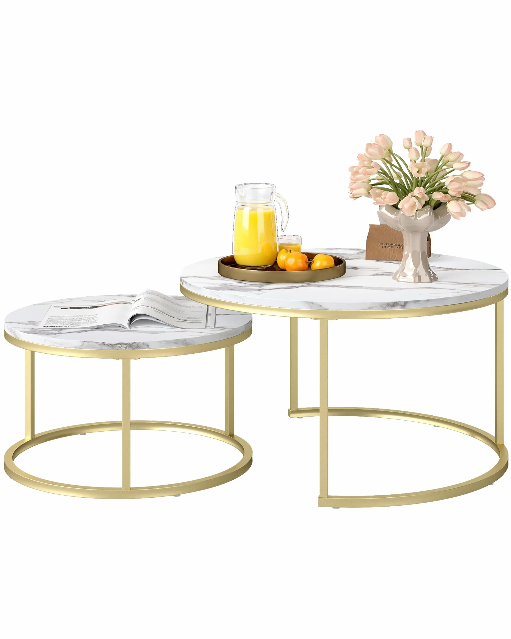 Mesa Auxiliar Sofa con Marco Dorado, Mesa de Centro Redonda con Efecto de mármol Blanco, Juego de 2 Piezas de Coffee Table, Mesa de Centro Blanca Moderna