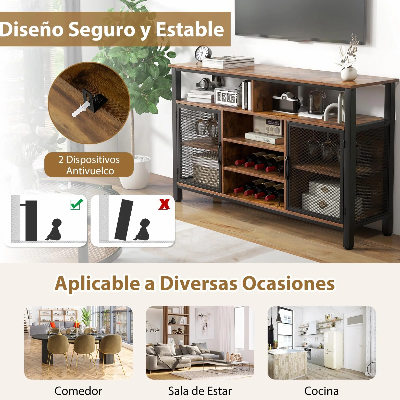 GOPLUS Mueble para Vinos, Estación de Café de 140 Cm con Estantes para 8 Botellas de Vino y Soportes para Copas, Aparador de Cocina con Almacenamiento para Comedor, Sala de Estar (Marrón)