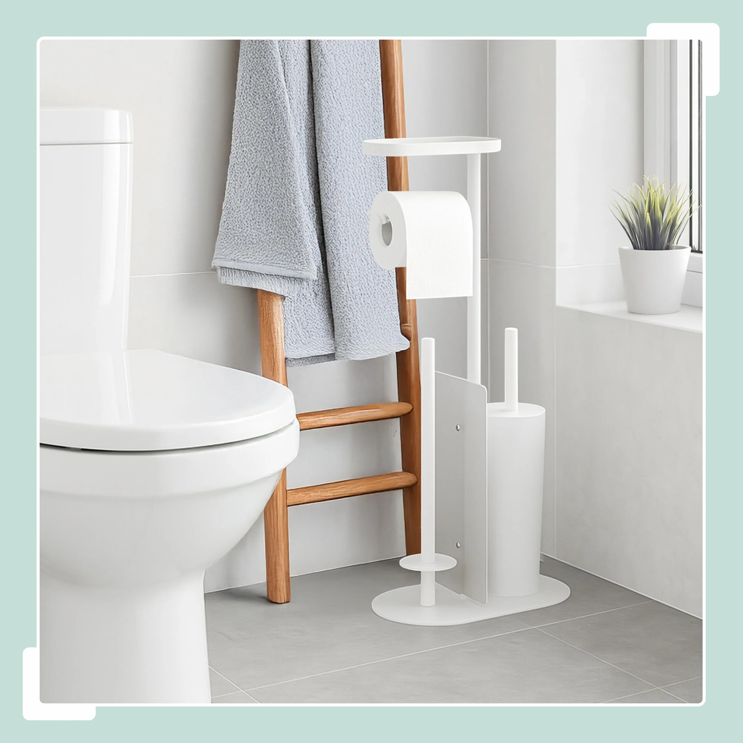 Juego de baño Relaxdays, HxBxT: 65 x 26 x 17 cm, Soporte de Papel higiénico, escobilla, portarrollos, Estante, Blanco