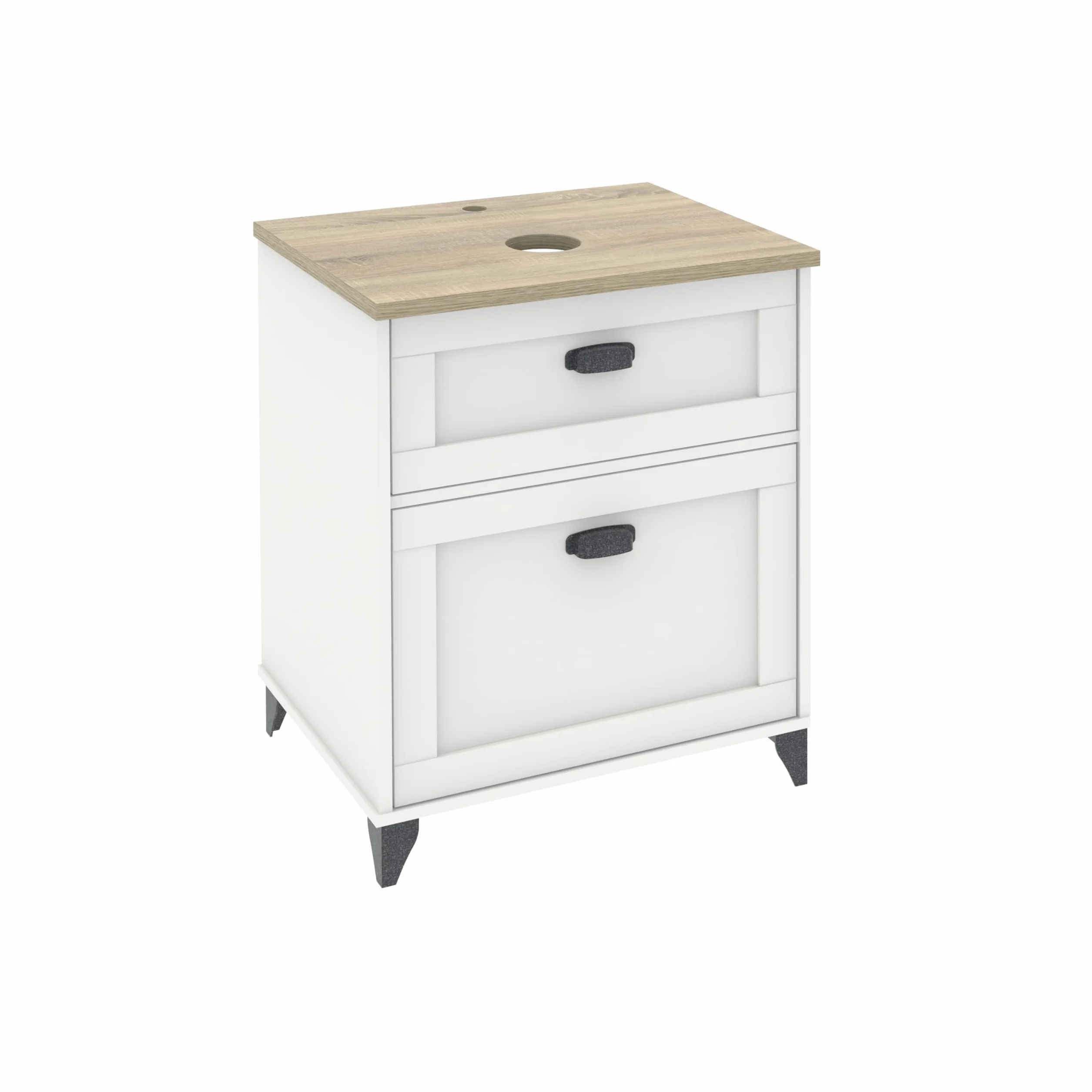 MUEBLES PITARCH Mueble de Baño 60cm Ancho con Patas, Cajón guías Cierre Suave, 1 Puerta, para Lavabo de sobreponer, Blanco y Roble Cambrian, Estilo Vintage Modelo Toscana