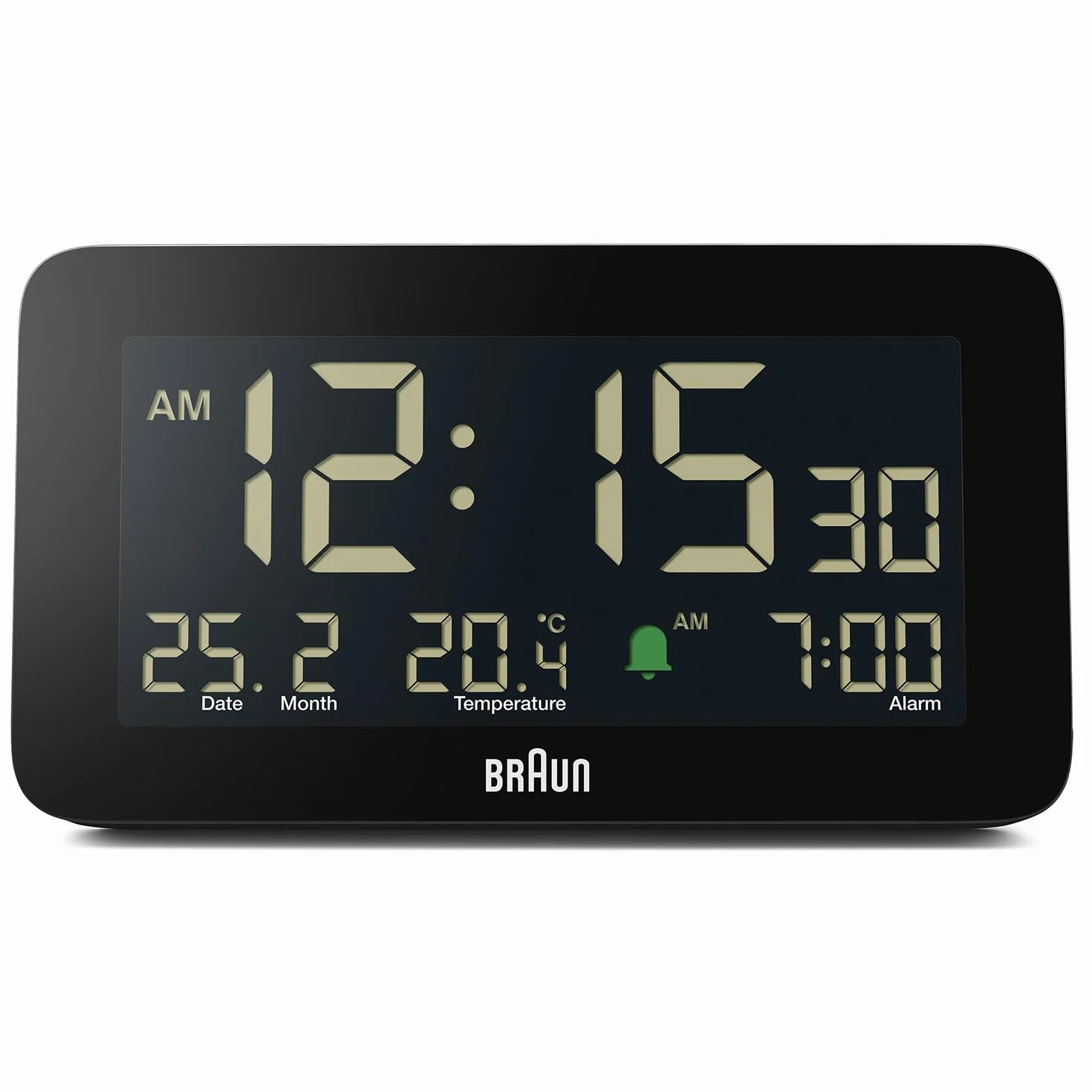 Braun Reloj Despertador Digital Fecha, Mes y Temperatura en Pantalla, Pantalla LCD Negativa, Ajuste rápido, Alarma de pitido Crescendo en Negro, Modelo BC10B (1 Paquete)