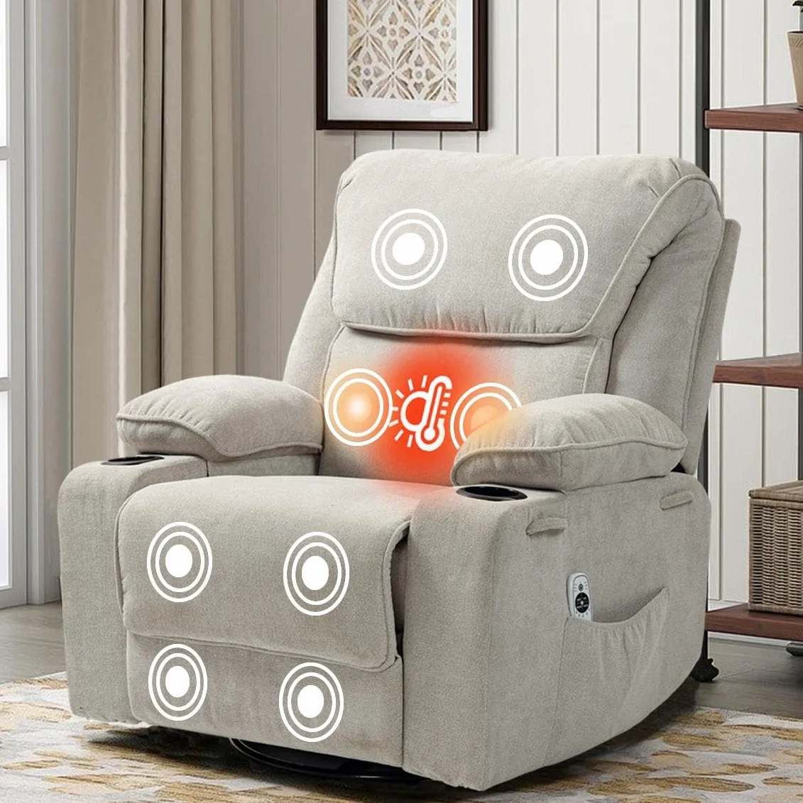 Sillón Relax Reclinable 150°, Sillón de Masaje con Calefacción Lumbar, Reposapiés Extensible, 2 Portavasos, 1 Bolsas de Almacenaje, Giro de 360