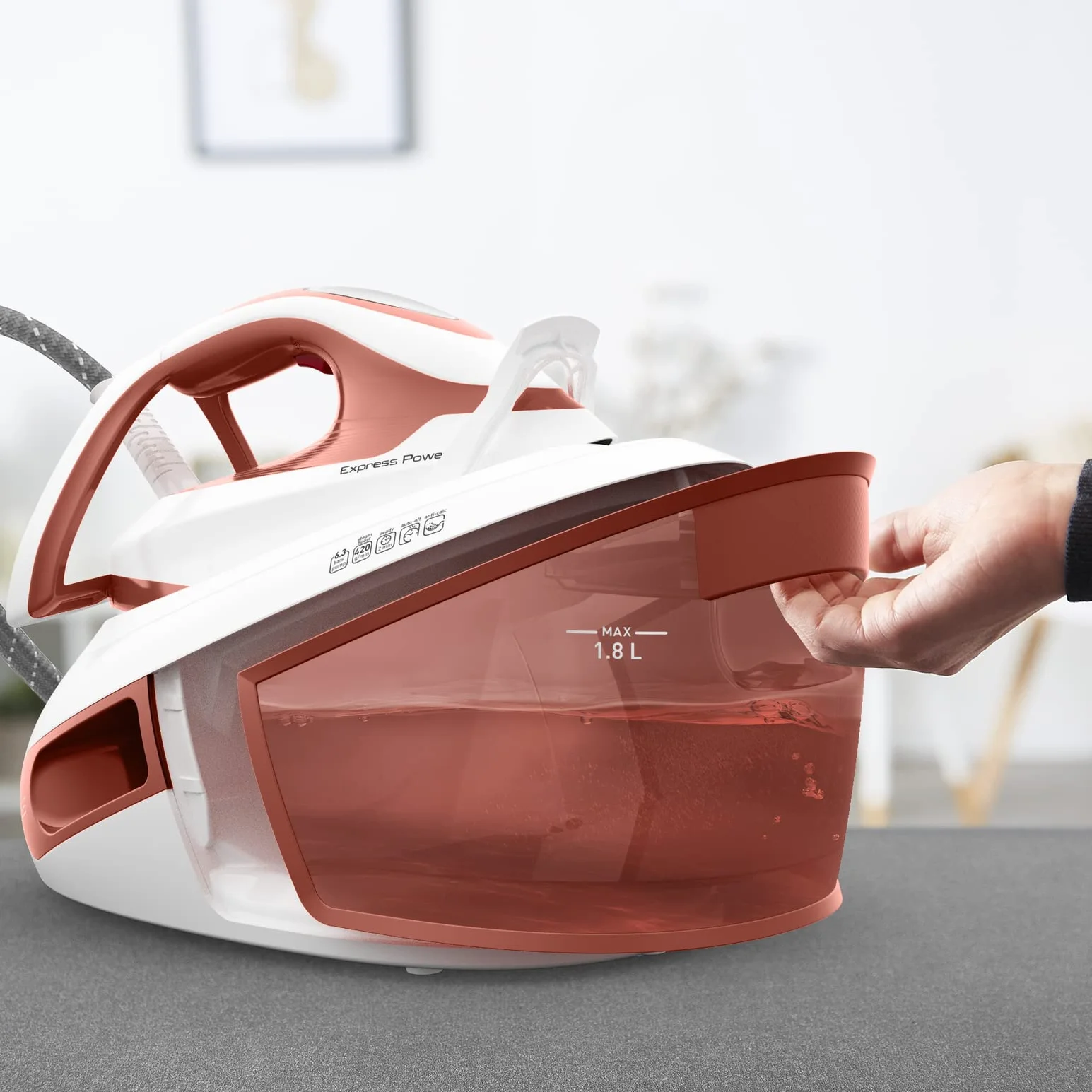 Tefal SV8110 - Planta de vapor Express Power, potencia de vapor potente, tecnología sin configuración, tanque de agua 1.8 L, vapor vertical, fabricado en Francia, Eco Stand